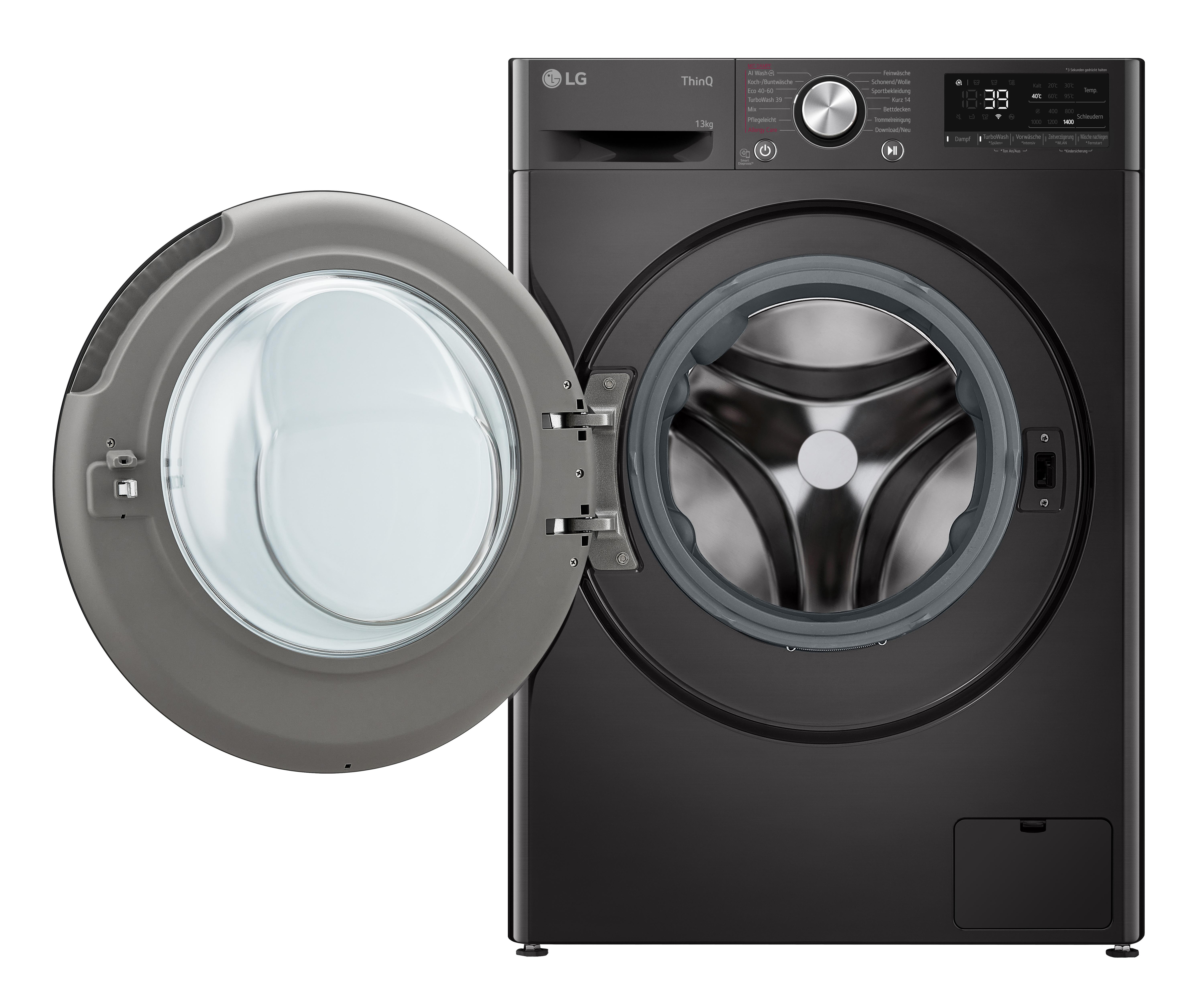 Schwarze Waschmaschine mit geöffneter Tür, die die Trommel zeigt.