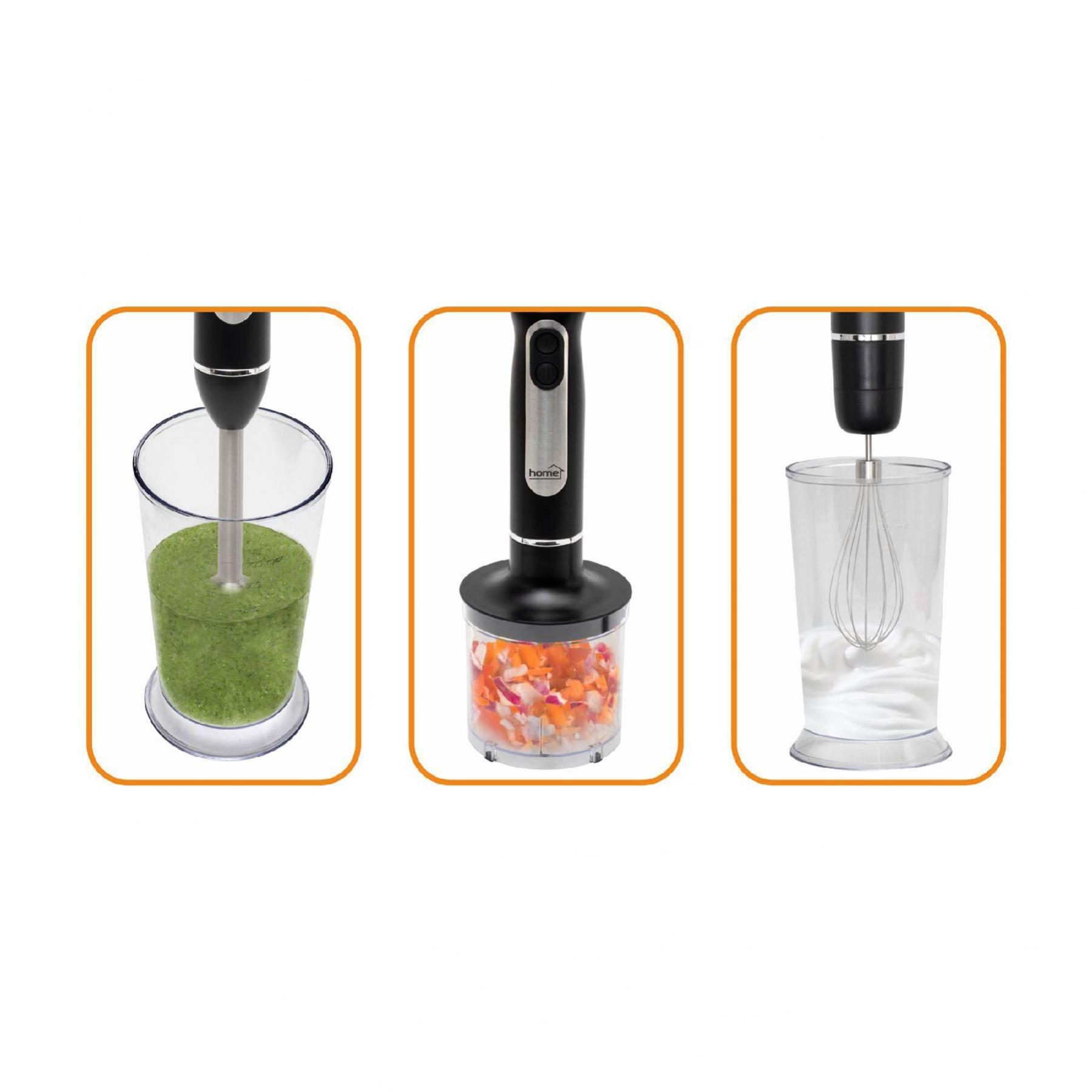 Három kép egy kézi mixer használatáról. Az egyik zöld folyadékot, a másik kockázott zöldségeket mutat.