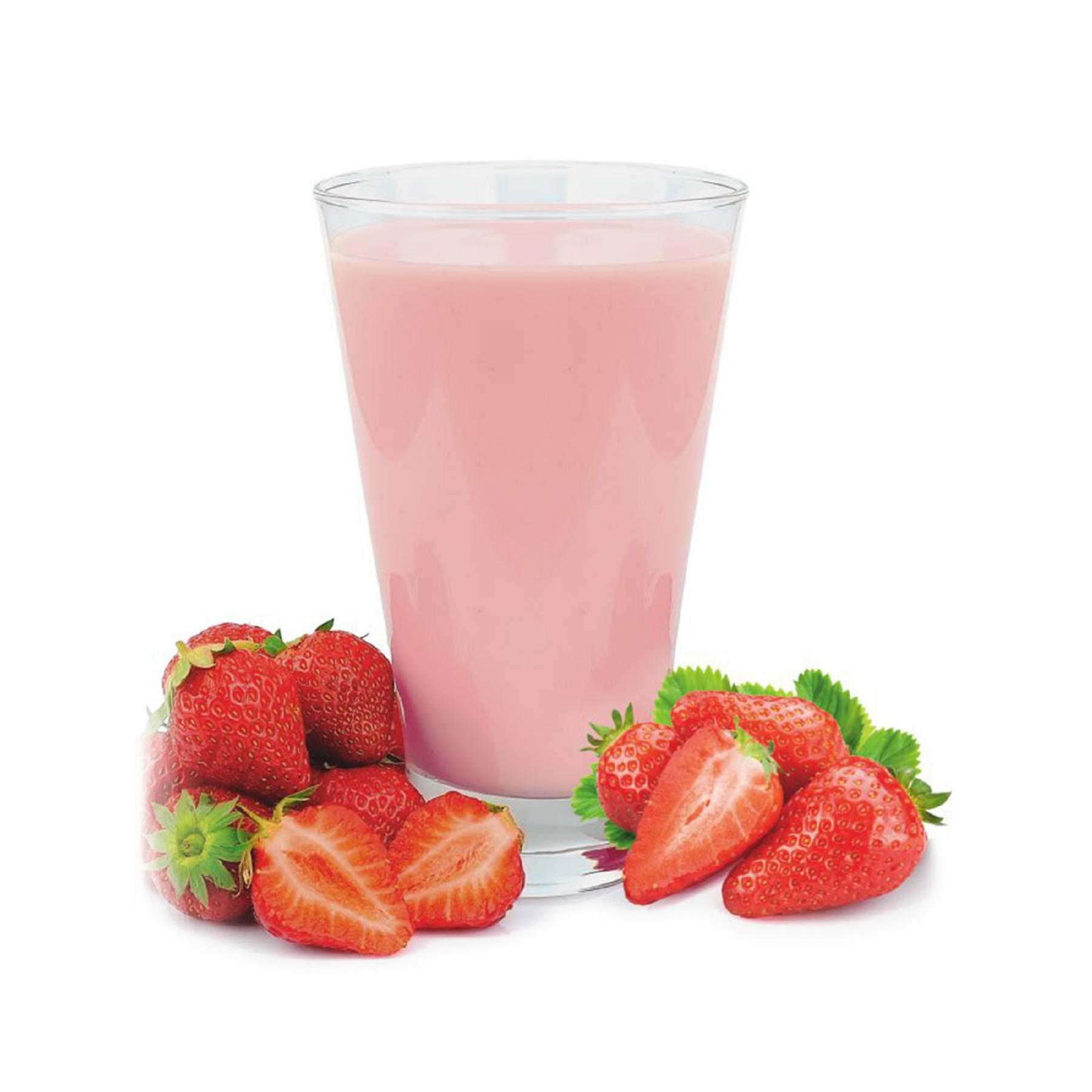 Egy pohár rózsaszín eper turmix, körbe eperrel.