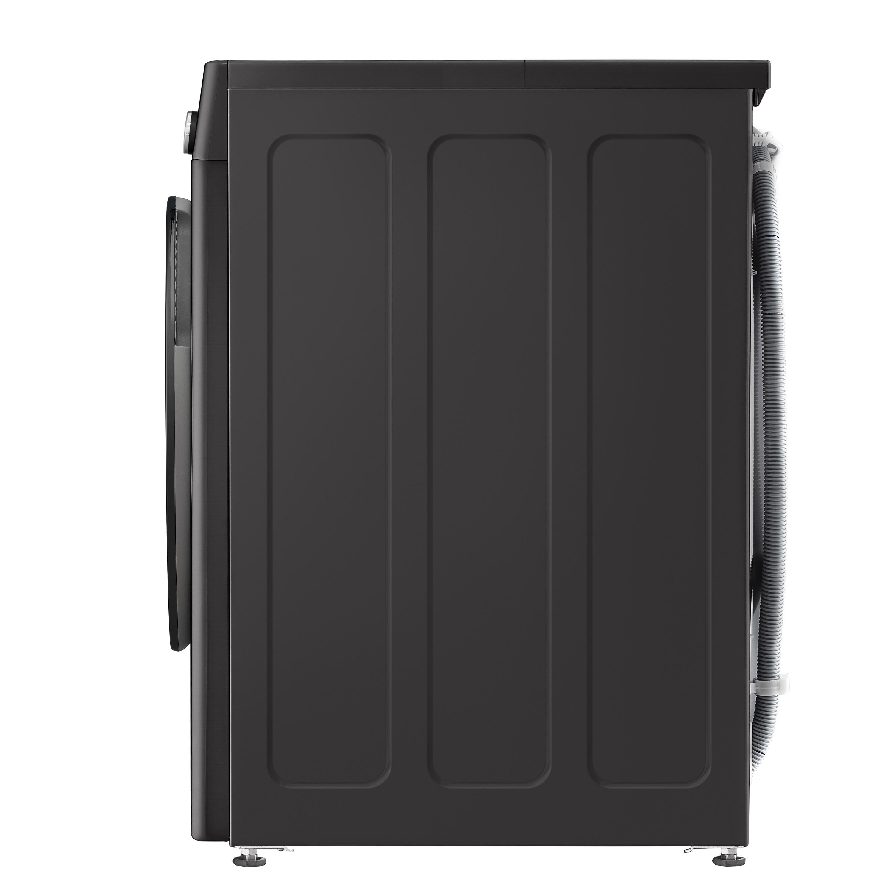 Schwarze Waschmaschine, Seitenansicht, mit gerippter Türverkleidung.