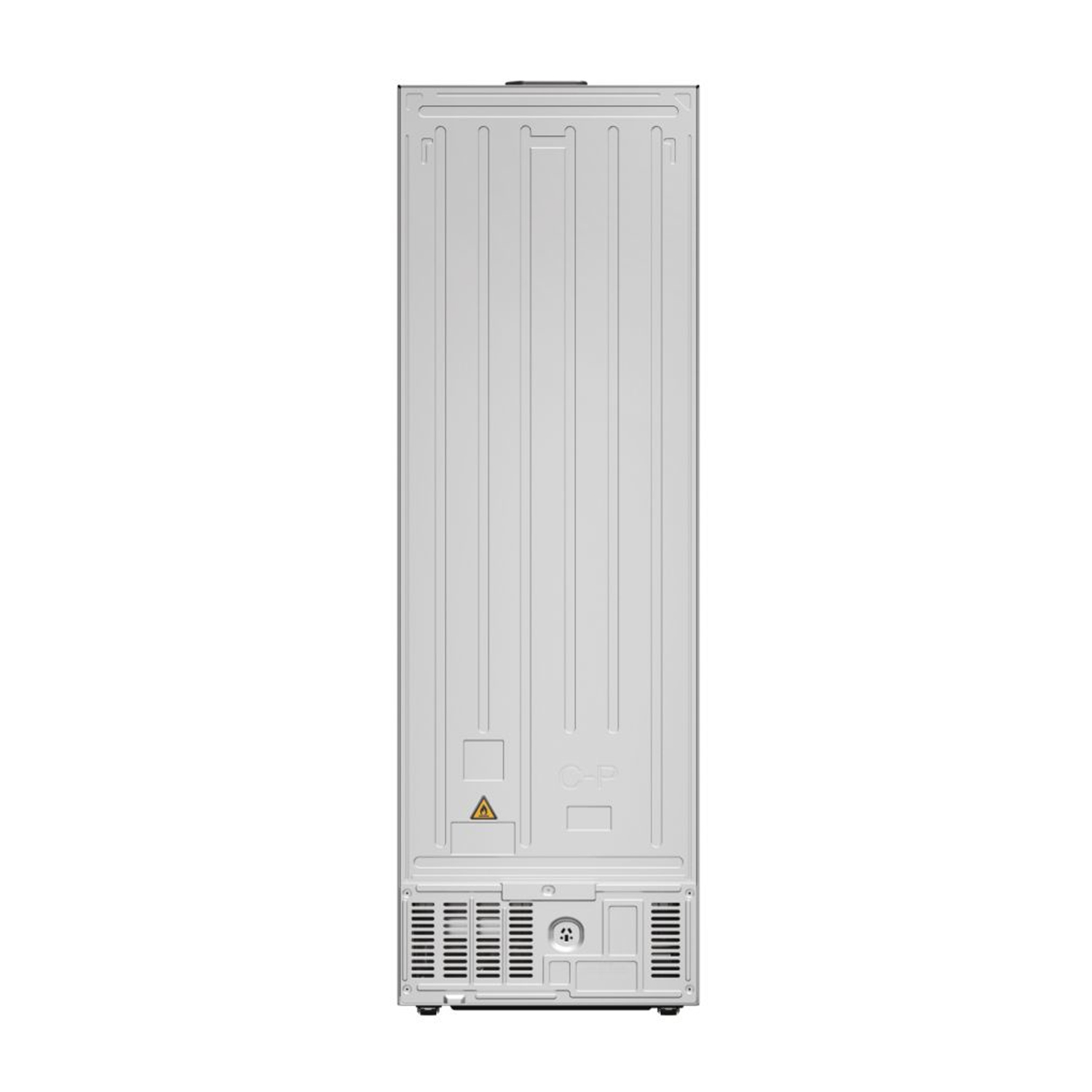 Retro di un frigorifero bianco con linee verticali e una presa d'aria inferiore.