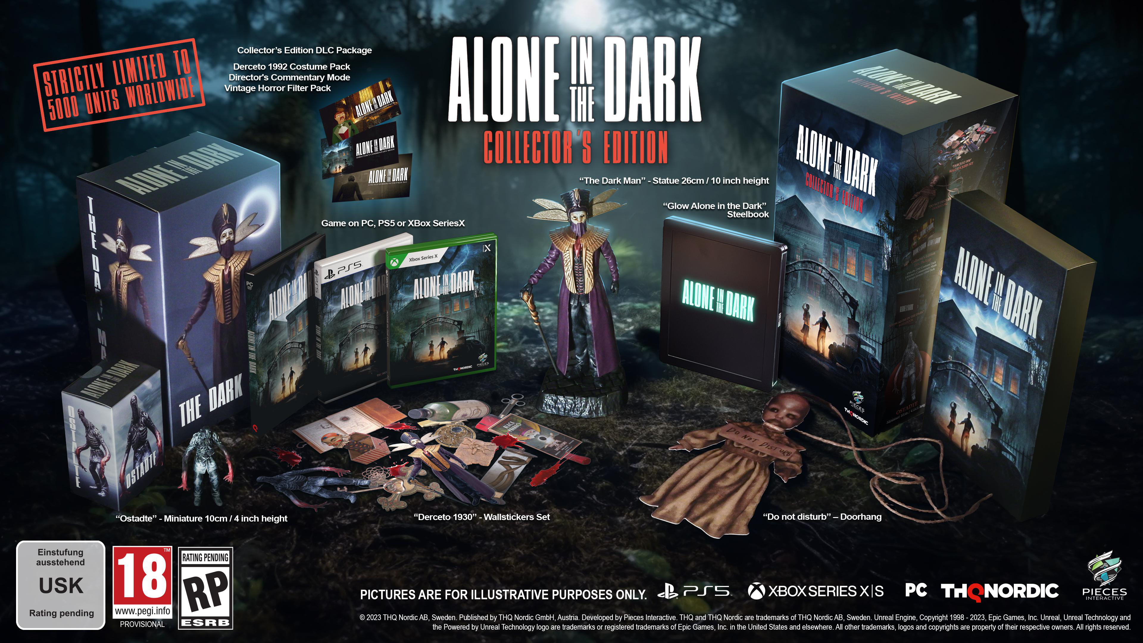 Sammlung von Alone in the Dark-Spielgegenständen, einschließlich Spielbox, Statue und andere Sammlerstücke.