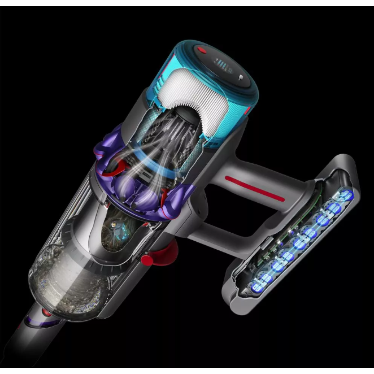 Cutaway of a Dyson vacuum. Blue and purple components visible. Black background.