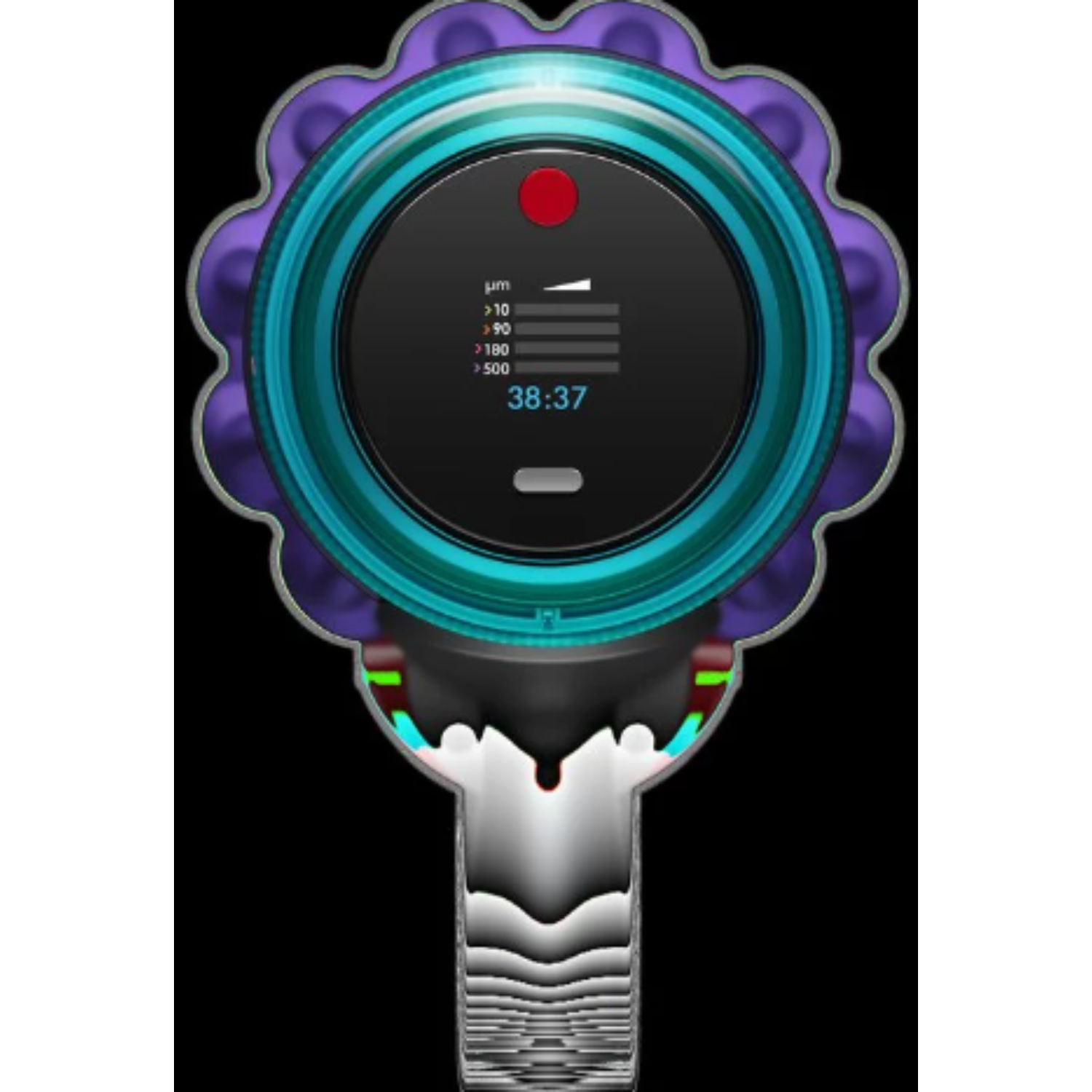 A hand-held device with a circular display. It displays information on a black background.