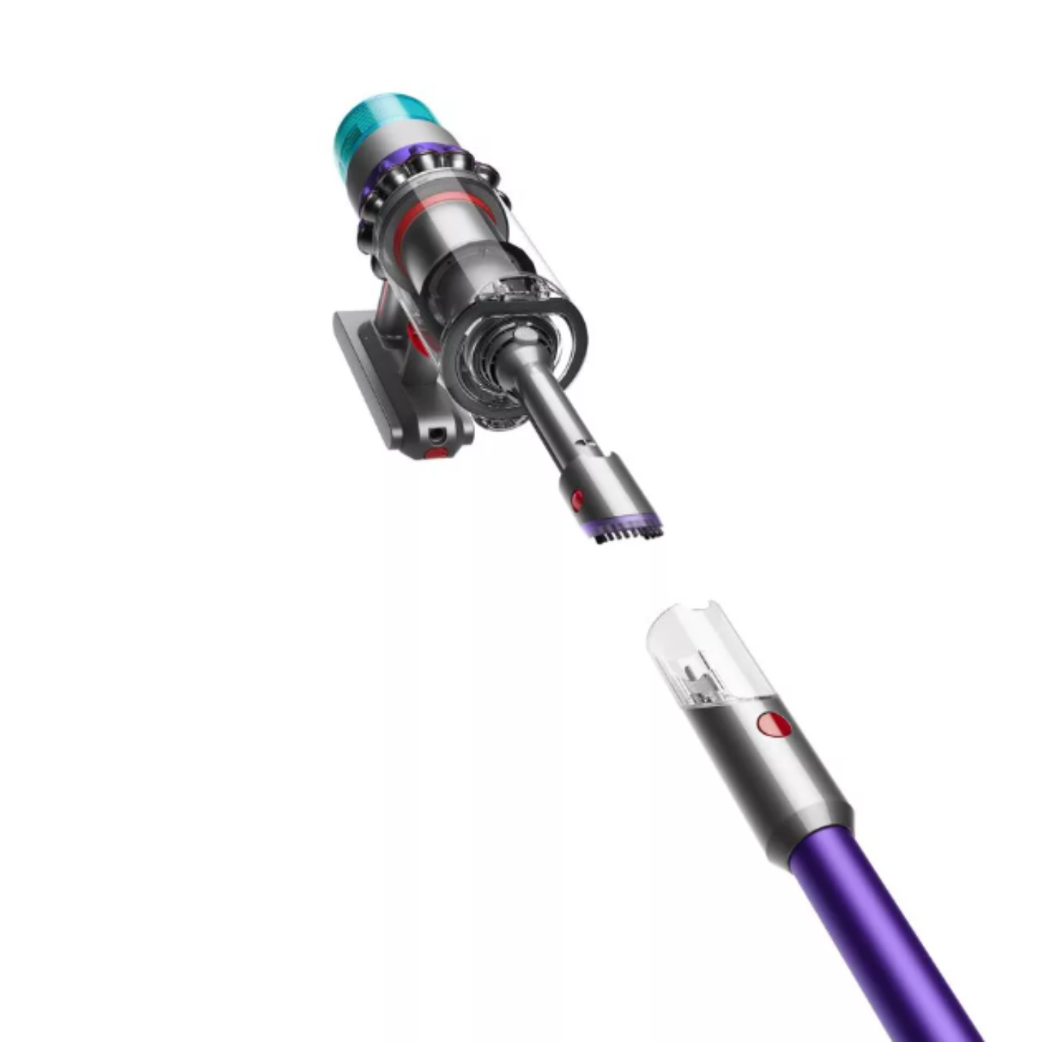 A Dyson vacuum cleaner, with parts disassembled and suspended in the air.