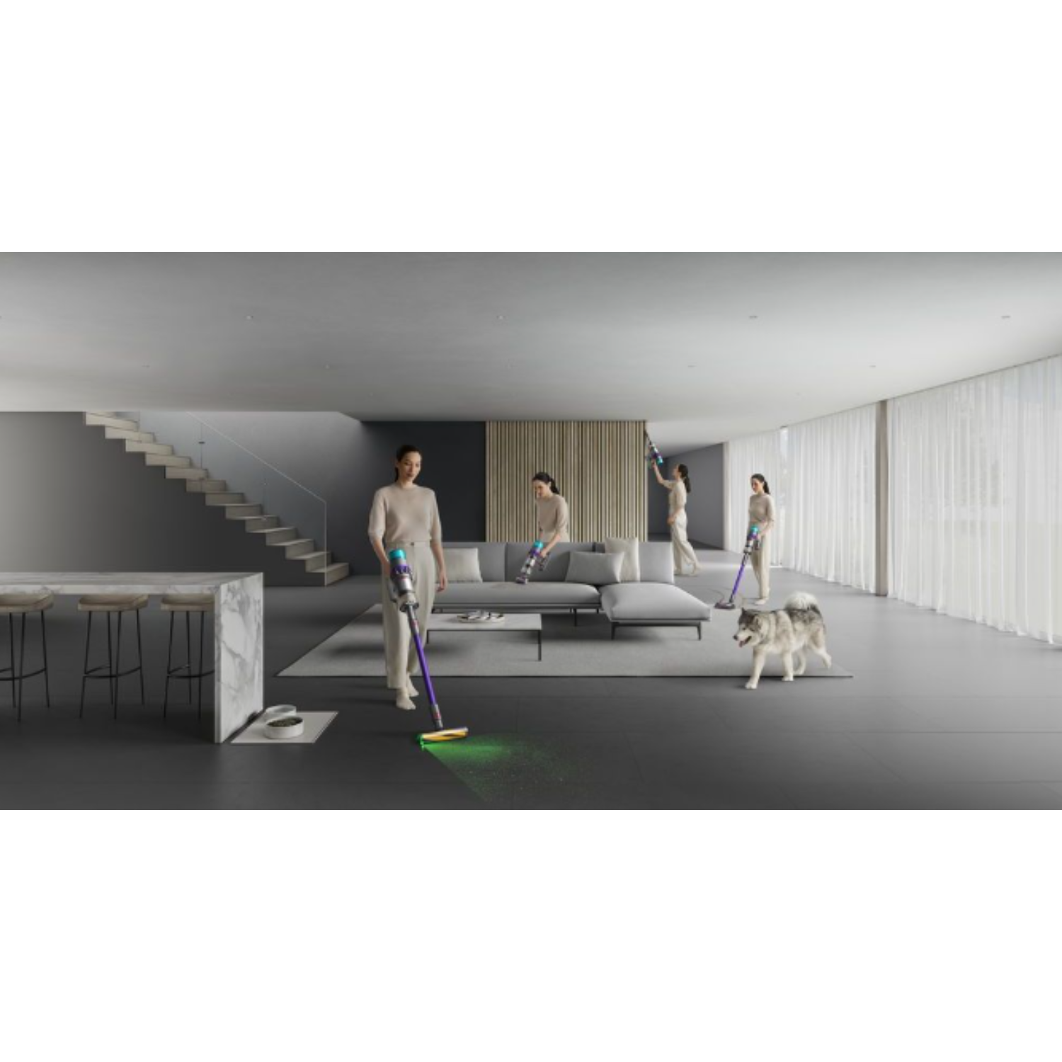 Multiple women vacuuming a modern home with a Dyson vacuum cleaner, with a dog present.