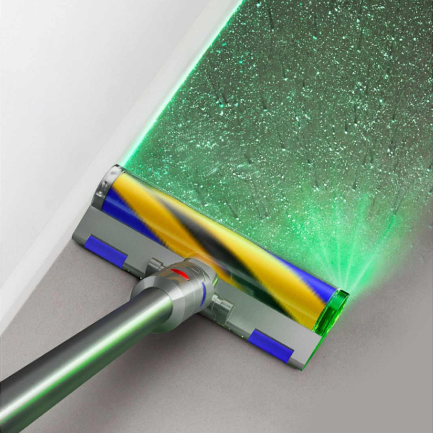 Aspirateur Dyson nettoyant avec une lumière laser verte sur le sol.