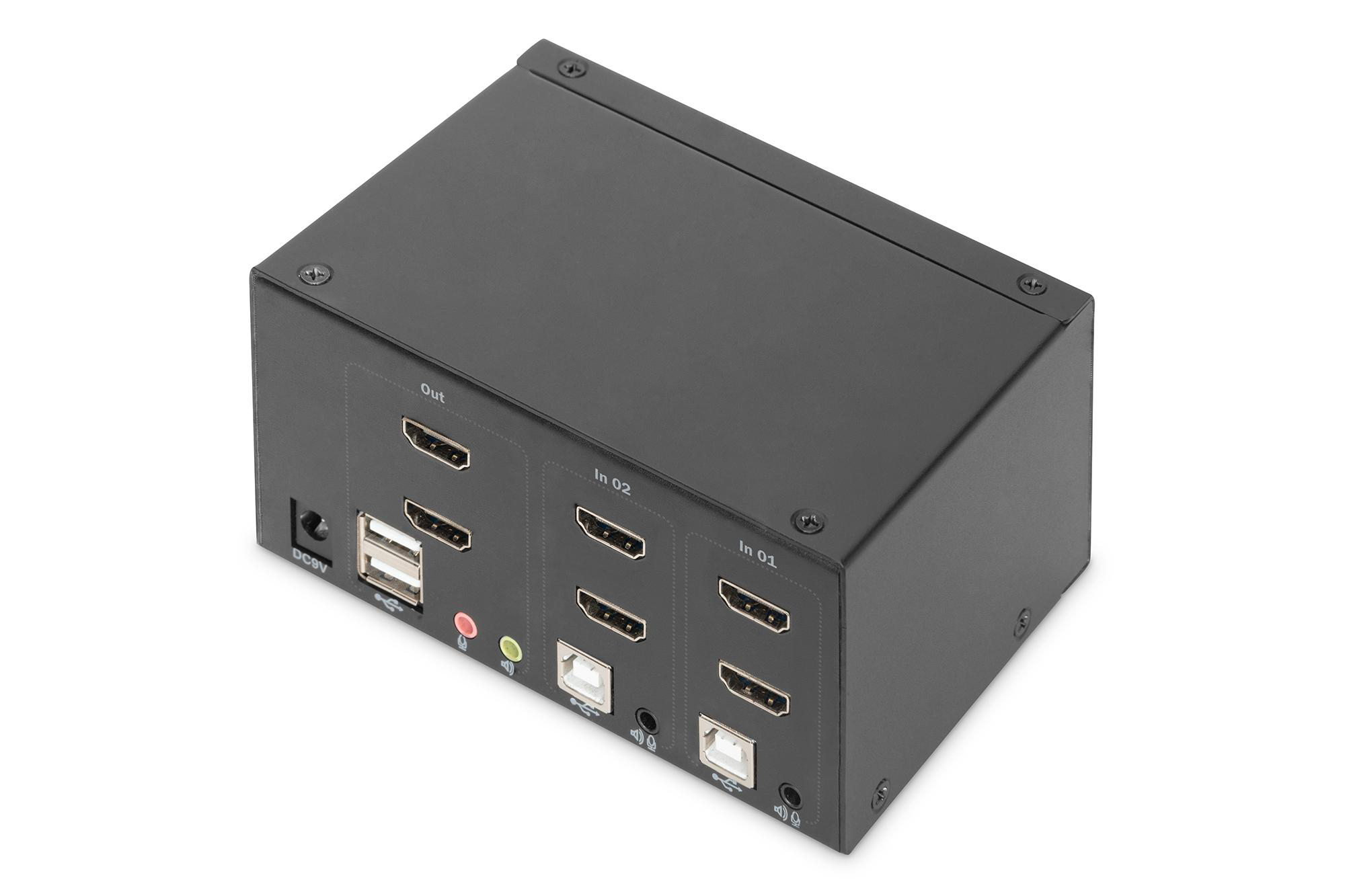 Schwarzes Gehäuse mit HDMI- und USB-Anschlüssen für Ein- und Ausgänge.