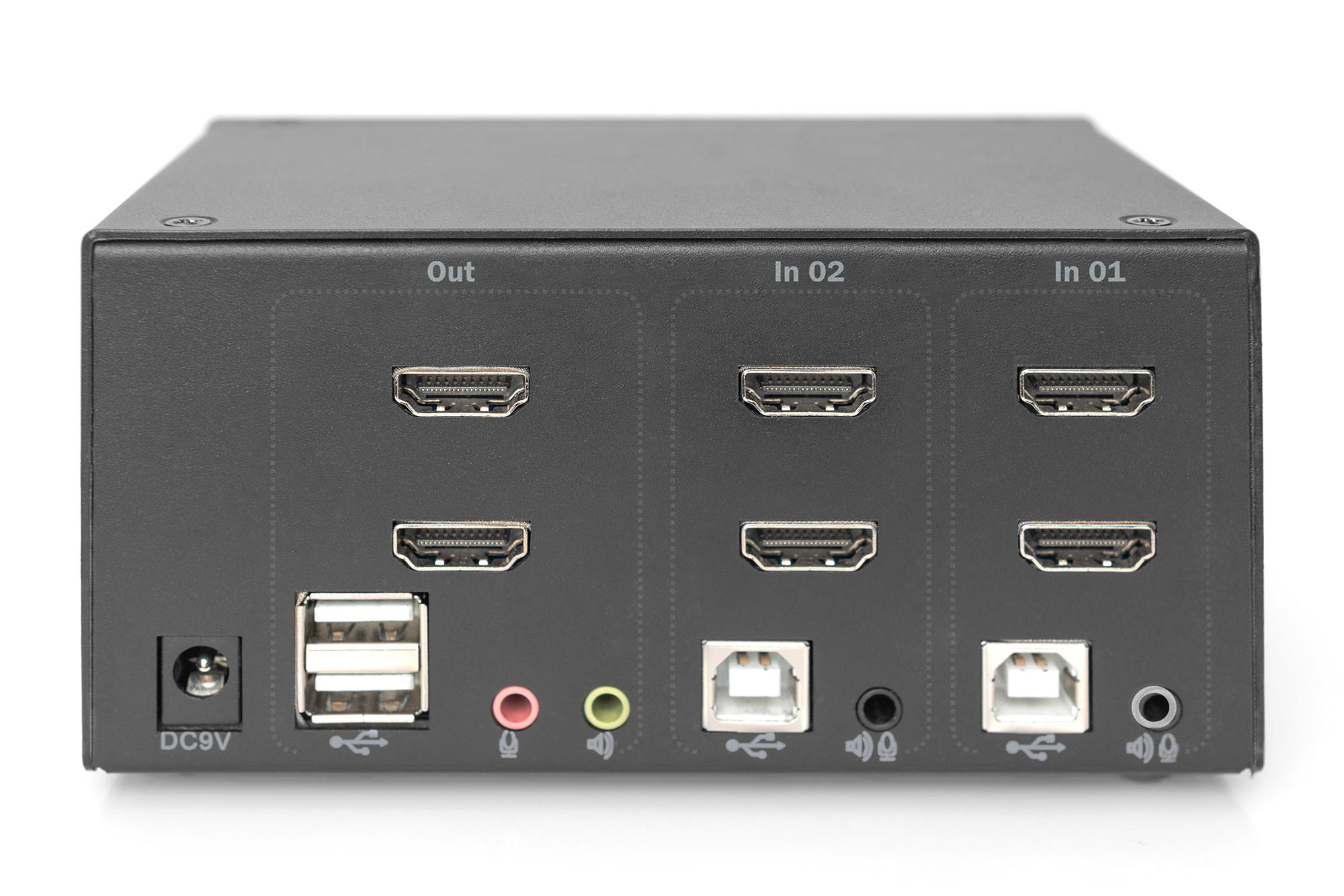 Rückseite eines schwarzen Geräts mit HDMI-, USB- und Audioanschlüssen.