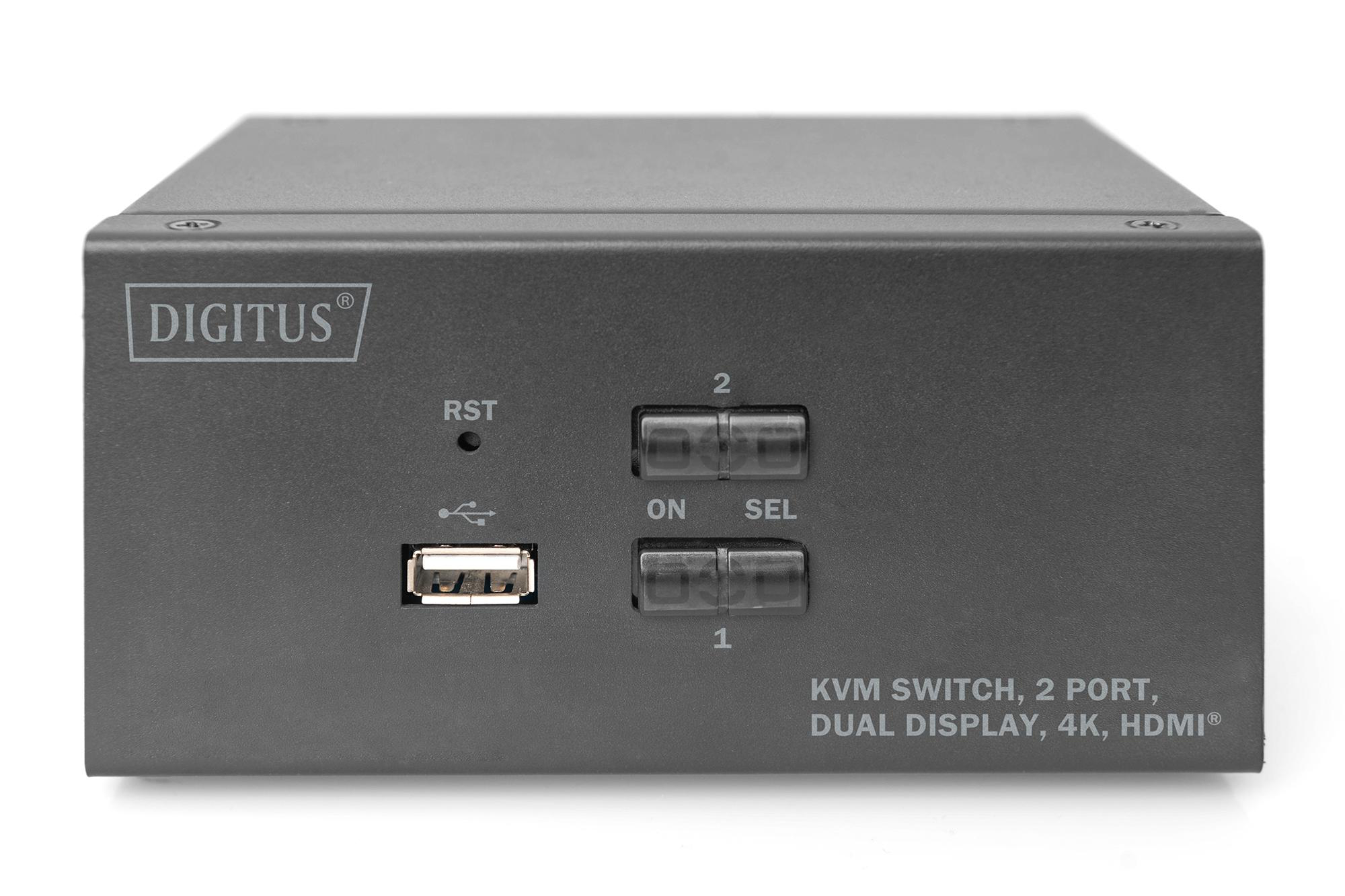 Schwarzer KVM-Switch mit USB-Anschluss, Reset-Taste und zwei Auswahlknöpfen.