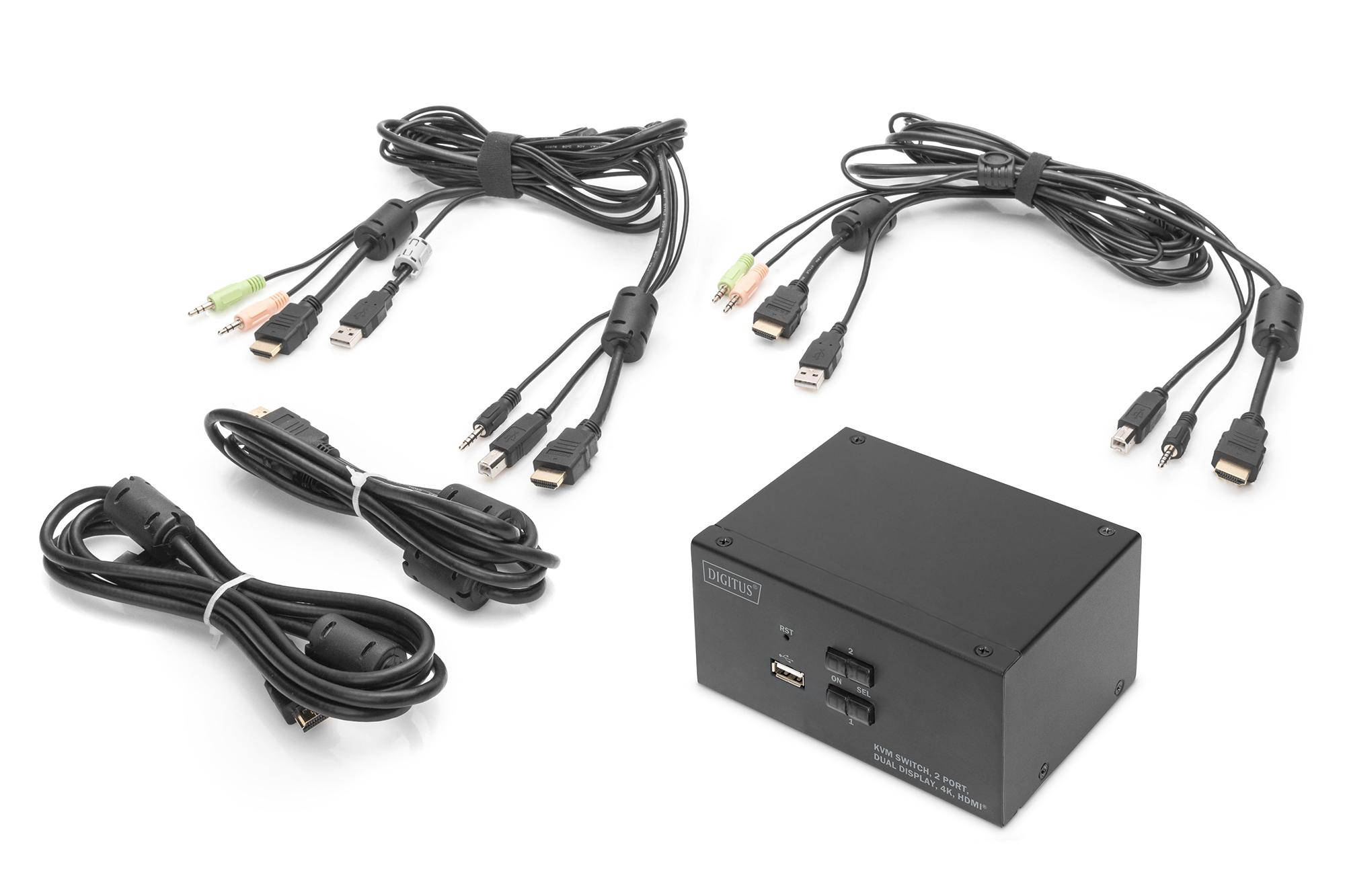 Schwarzer KVM-Switch mit Kabeln und Anschlüssen.