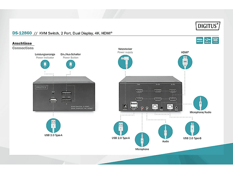 DIGITUS DS-12860 Desktop HDMI KVM Switch, 2-Port, Dual-Display, 4K, HDMI; Desktop Switch----Desktop Switch — Foto 5 von 5