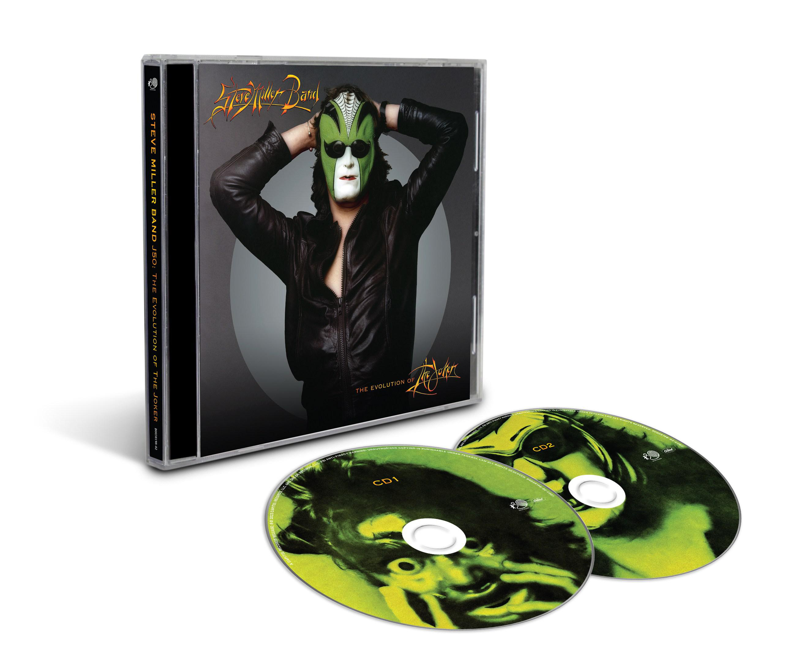 Albumcover mit Künstler im Make-up, CDs. Vorne: Steve Miller Band. Rückseite: The Evolution of The Joker