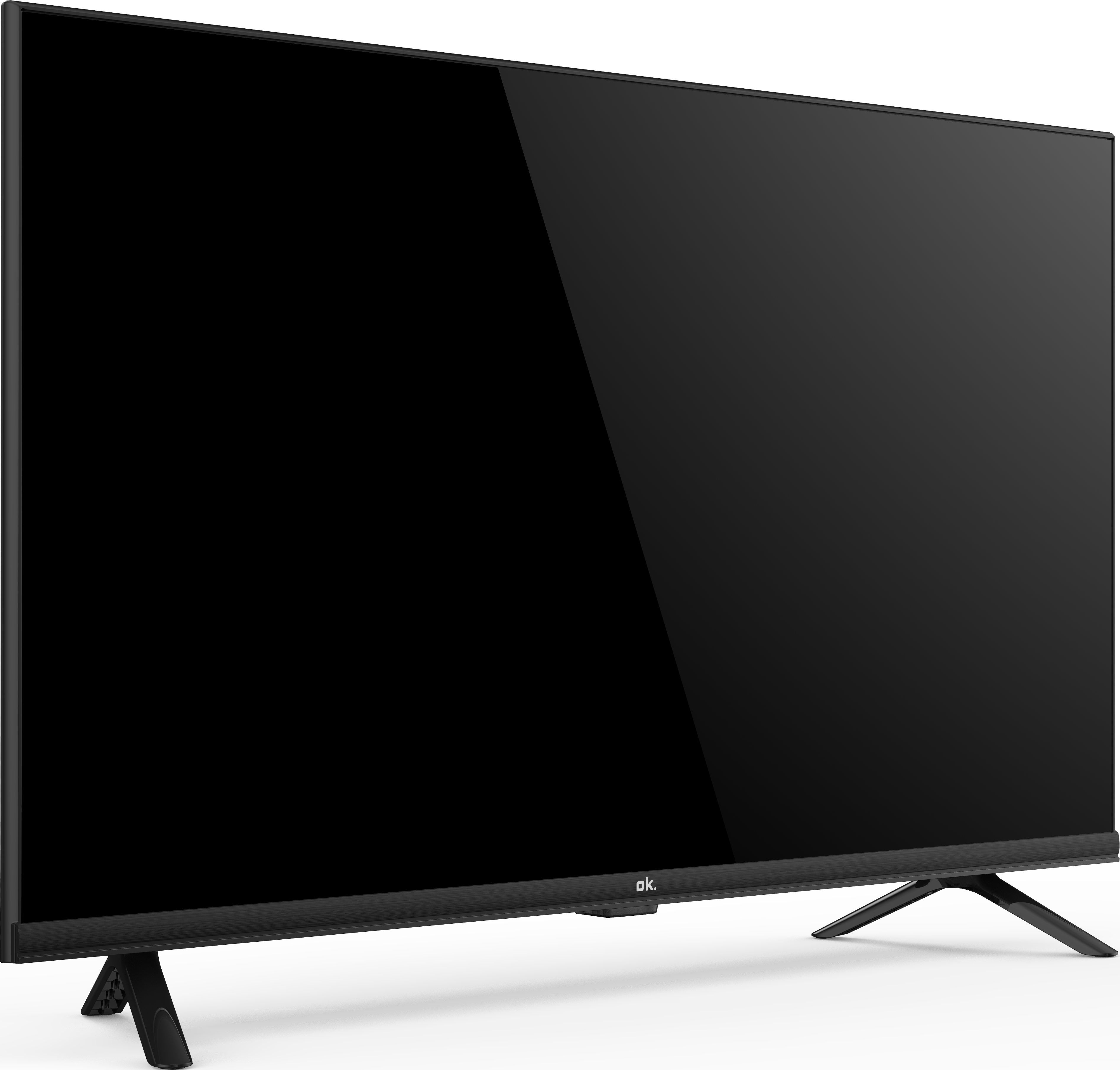 Ein schwarzer Fernseher auf einem Ständer. Der Bildschirm ist ausgeschaltet und reflektiert das Licht. Der Hintergrund ist eine weiße Wand.