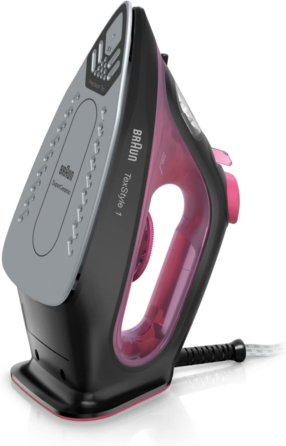 Plancha Braun negra y rosa. Suela plateada, mango rosa y cuerpo negro. El cable es negro.