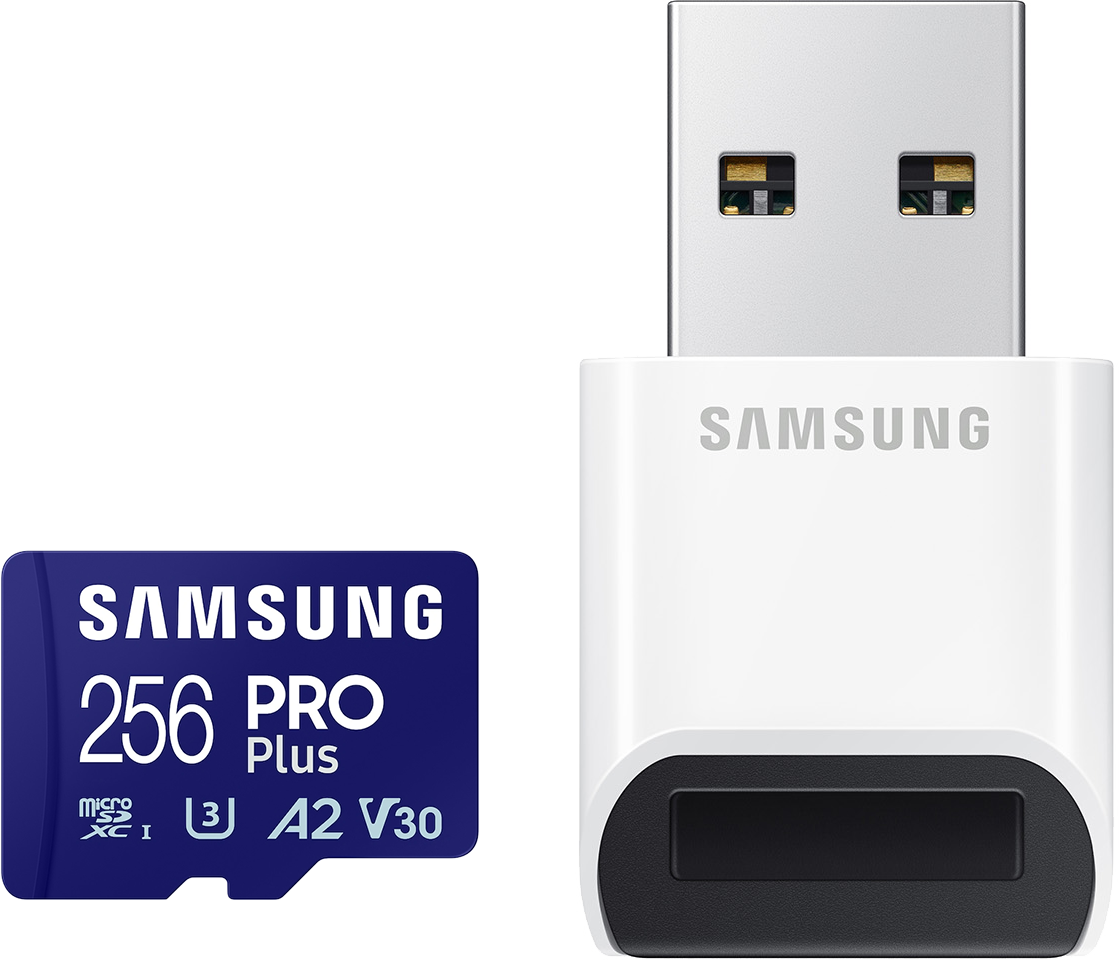 SAMSUNG Pro Plus microSDXC memóriakártya + USB kártyaolvasó, 256GB, Class10, V30, U3 (MB-MD256SB/WW)