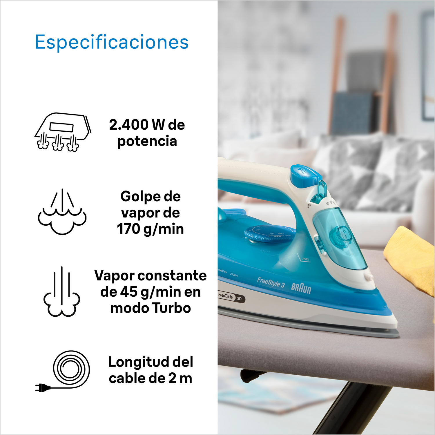 Una plancha de vapor azul y blanca sobre una tabla de planchar. Especificaciones a la izquierda.