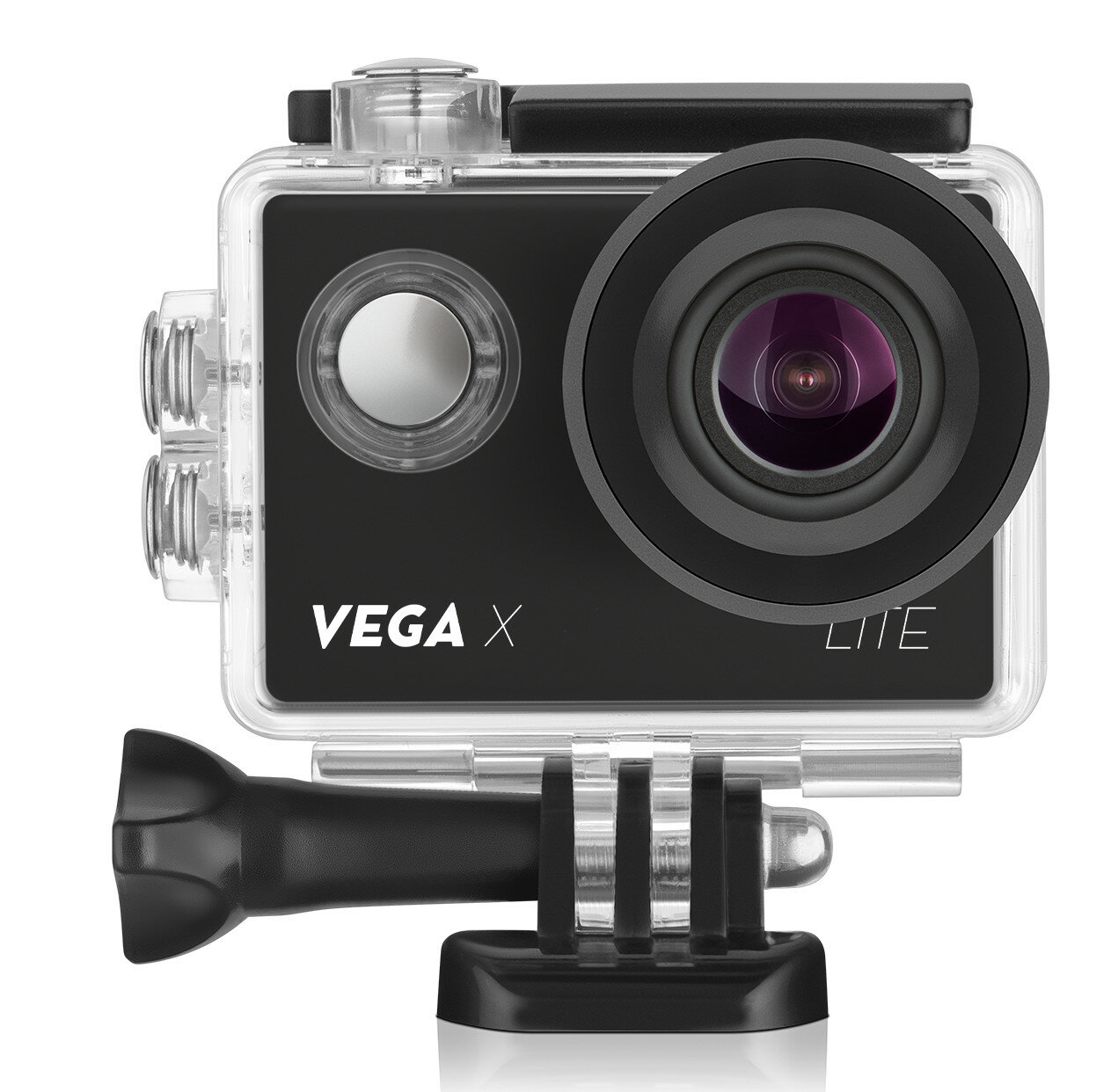 Czarna kamera sportowa w przezroczystej obudowie. Z przodu napis VEGA X LITE.