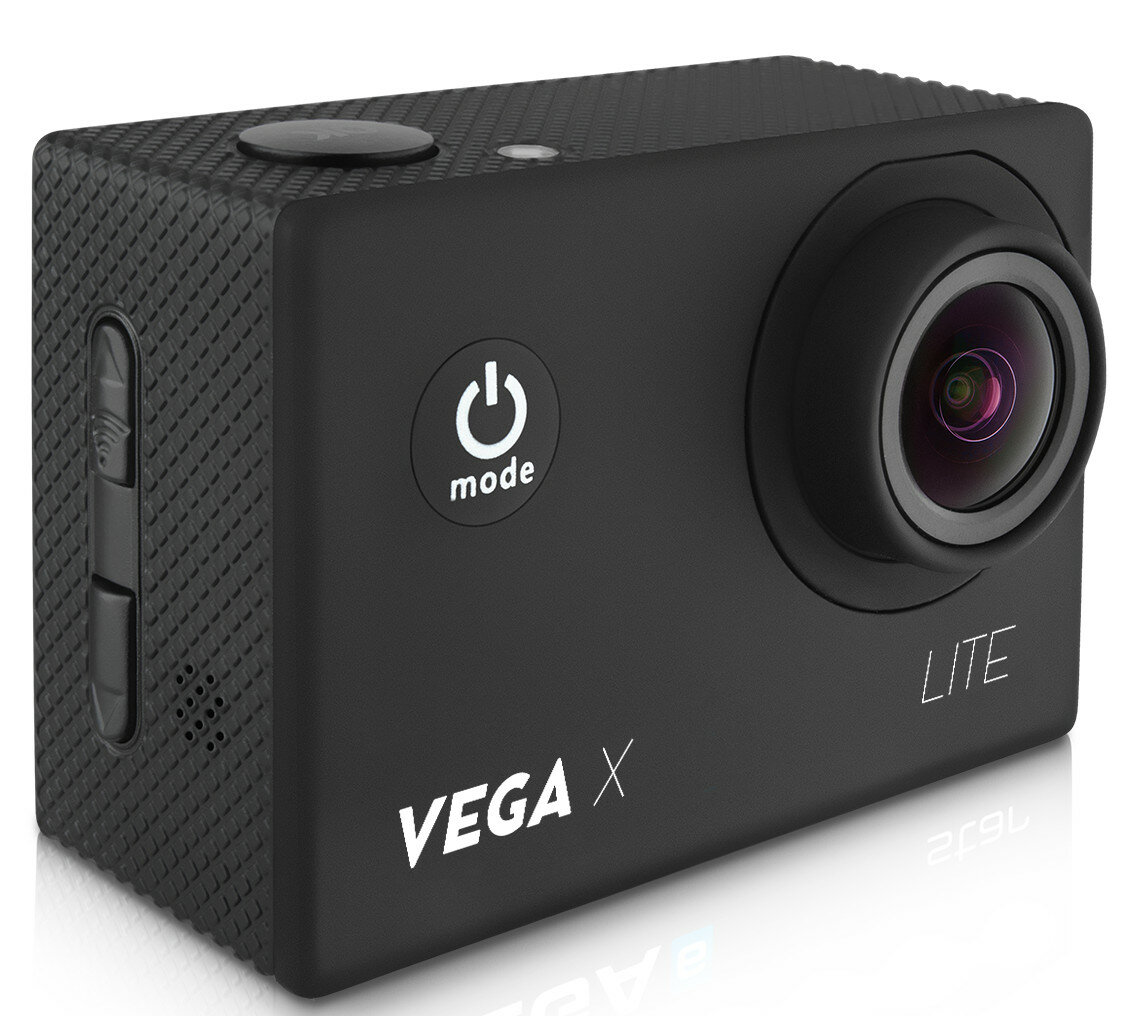 Czarna kamera sportowa, widoczny przycisk trybu, na białym tle. Wersja Lite.