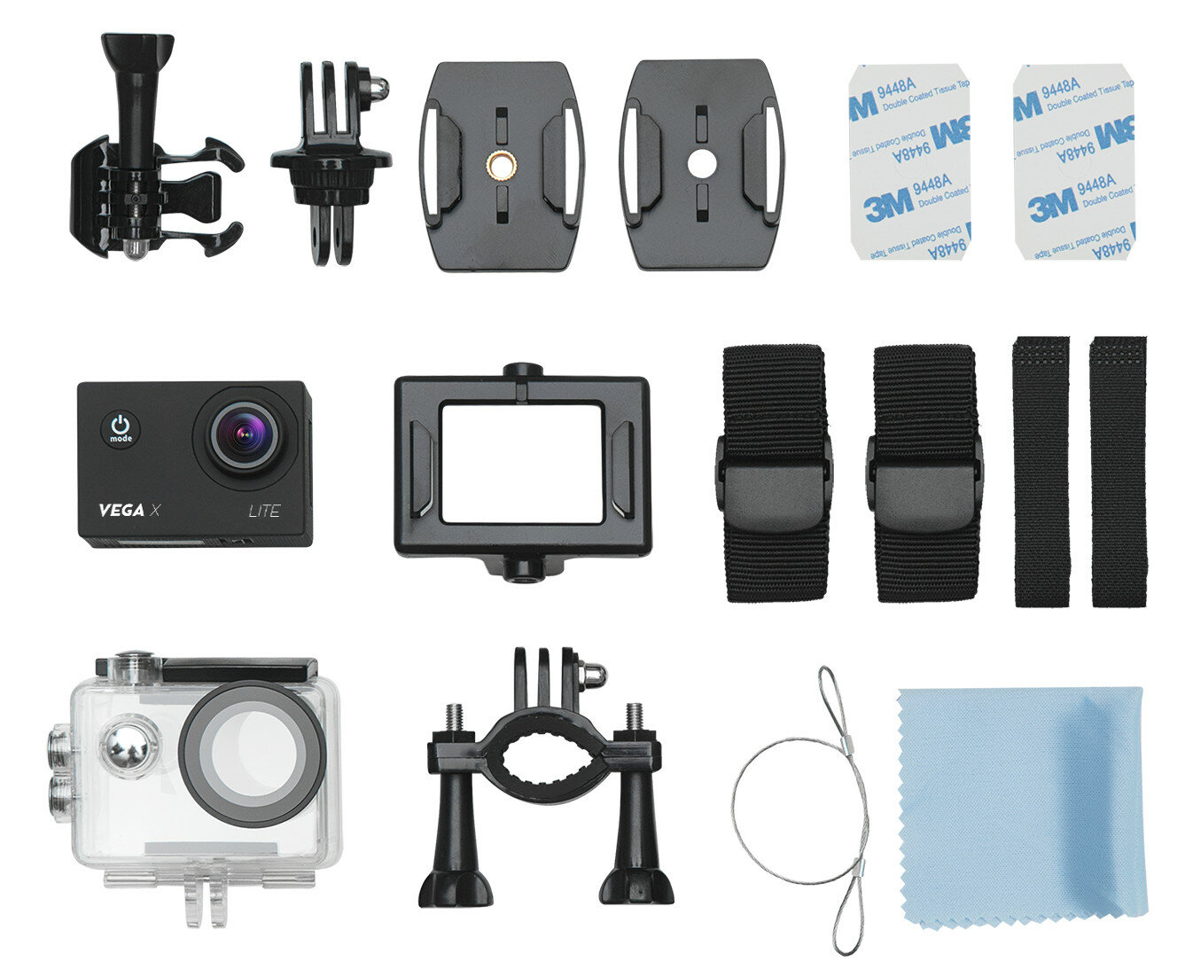 Zestaw akcesoriów do kamery sportowej, w tym mocowania, paski, obudowa i kamera.