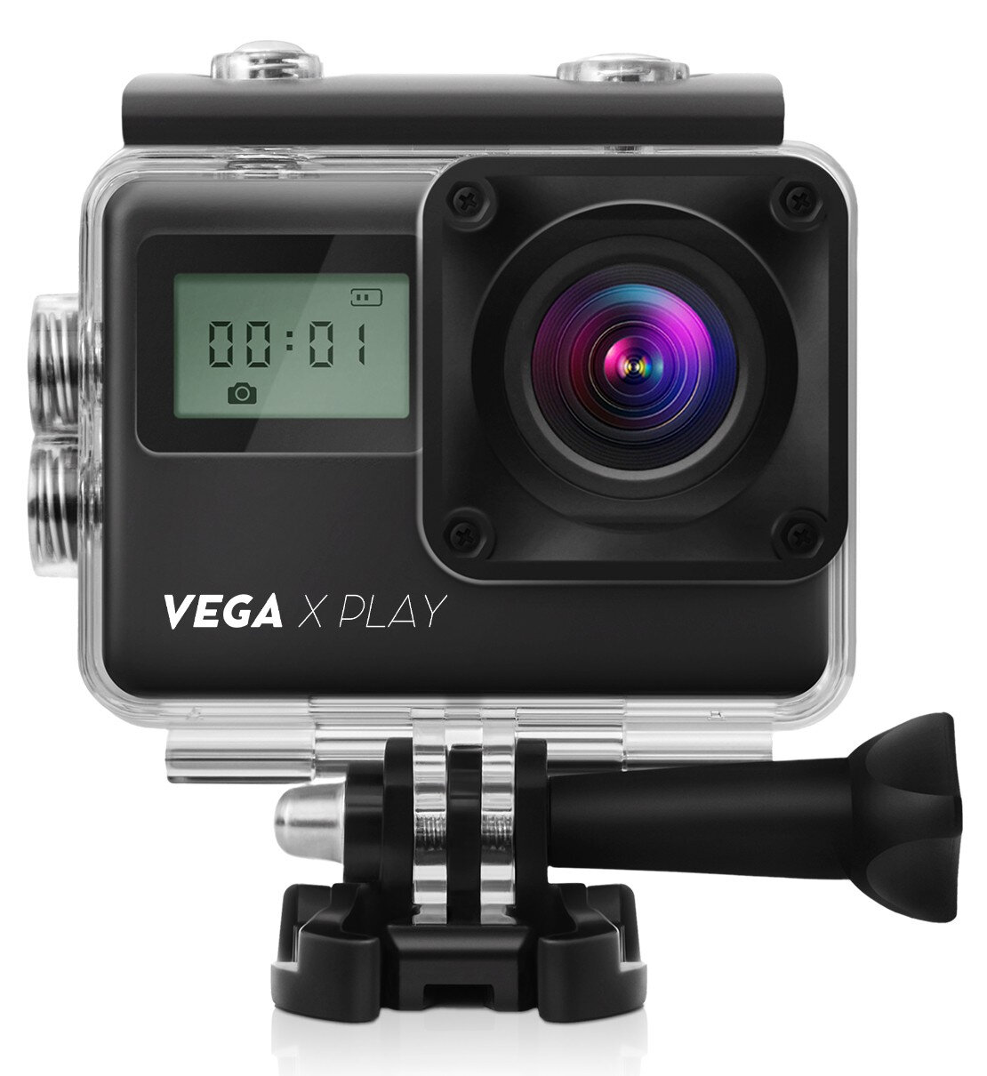 Czarna kamera sportowa w przezroczystej, wodoodpornej obudowie.