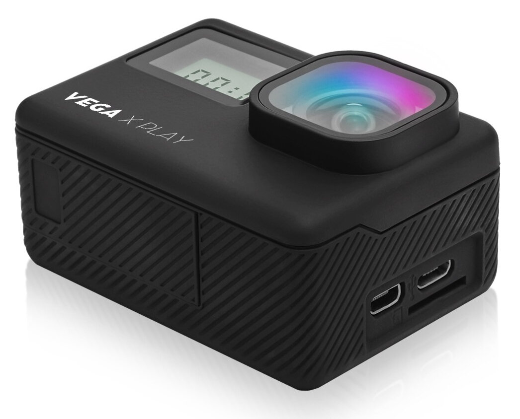 Czarna kamera sportowa z etykietą VEGA X PLAY i obiektywem. Posiada porty i ekran.