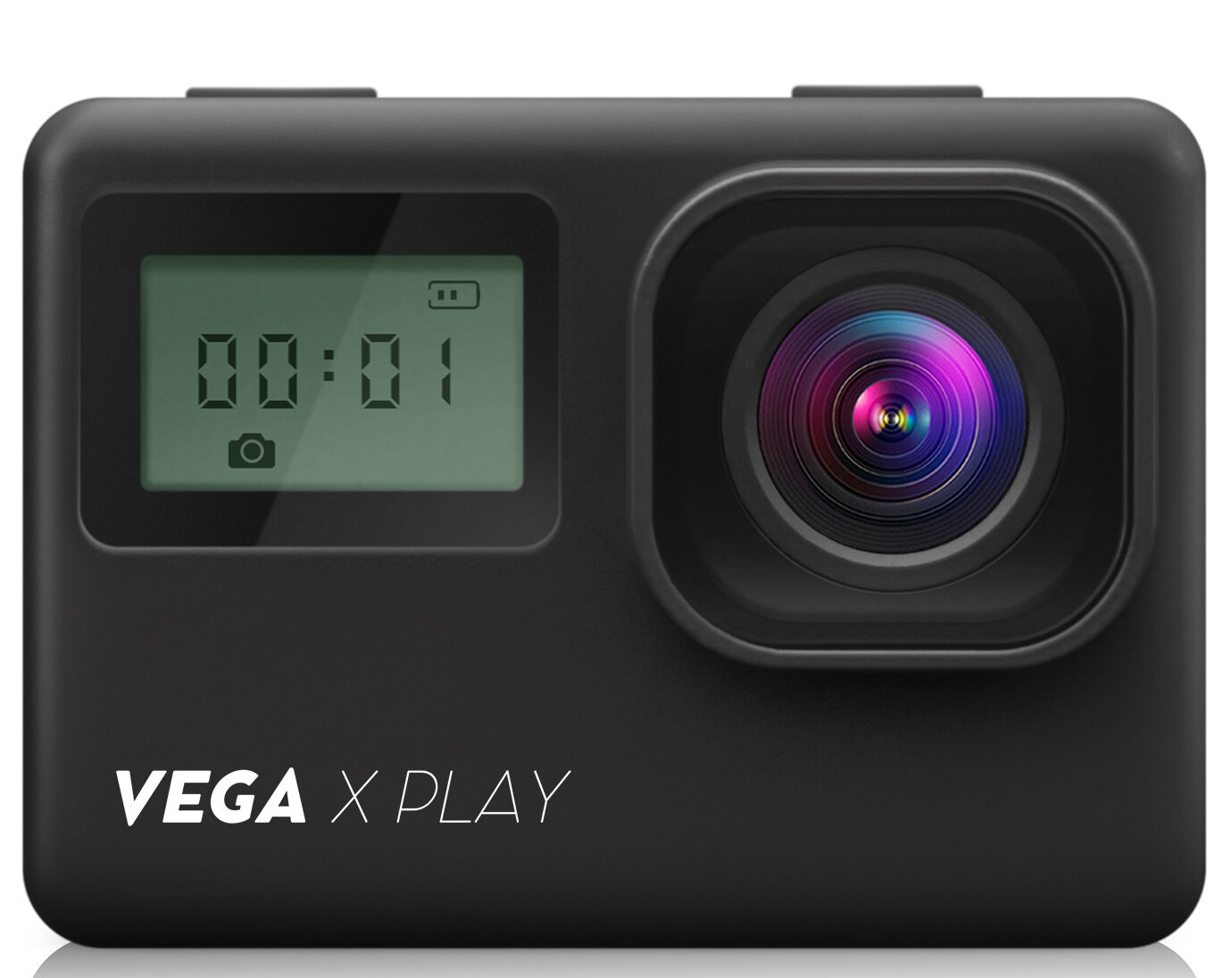 Czarna kamera sportowa z ekranem pokazującym czas. Na kamerze napisano 'VEGA X PLAY'.