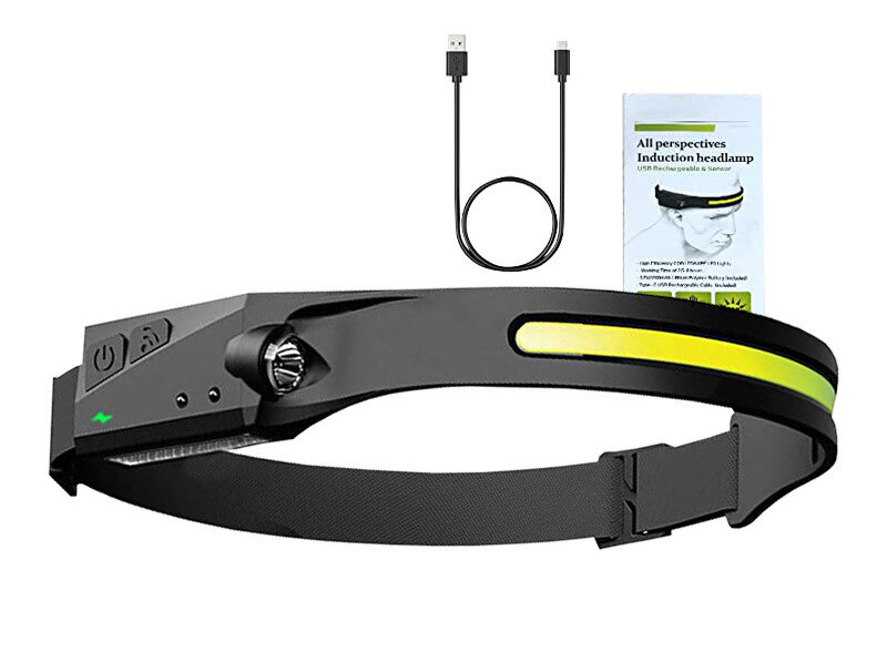 Czarna i żółta lampa czołowa z kablem do ładowania USB i instrukcją obsługi.