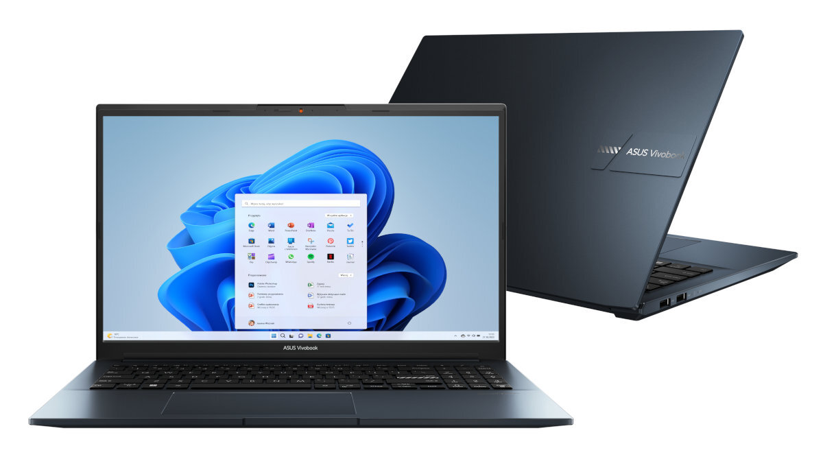 Dwa laptopy, jeden otwarty, pokazujący interfejs Windows 11. Drugi jest zamknięty, niebieski kolor.