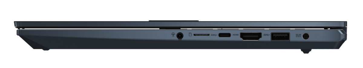 Widok z boku ciemnego laptopa z portami. Porty znajdują się z boku. Białe tło.