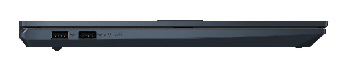 Widok z boku laptopa, z portami USB i innymi portami na białym tle.