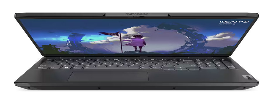Czarny laptop jest otwarty, wyświetlając kolorową scenę z gry. Ekran ma logo Ideapad Gaming.