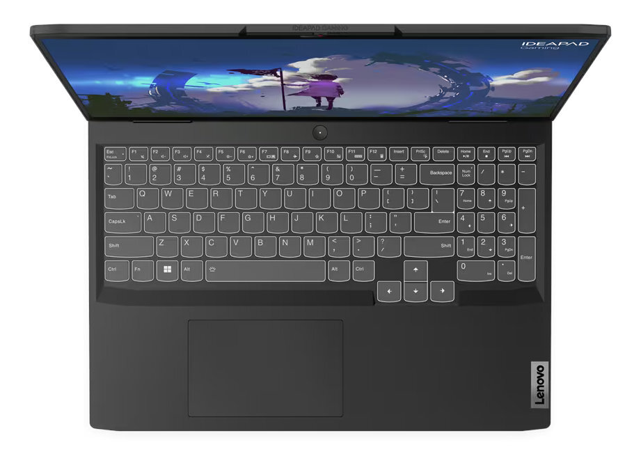 Laptop z otwartym ekranem, widoczną klawiaturą. Laptop jest czarny z sceną gry.