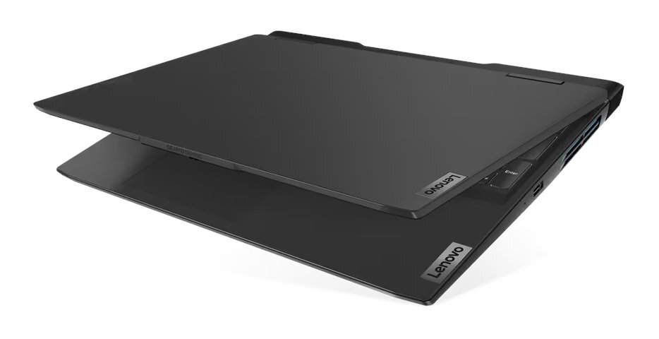 Czarny laptop Lenovo, częściowo otwarty, z widocznym logo Lenovo.