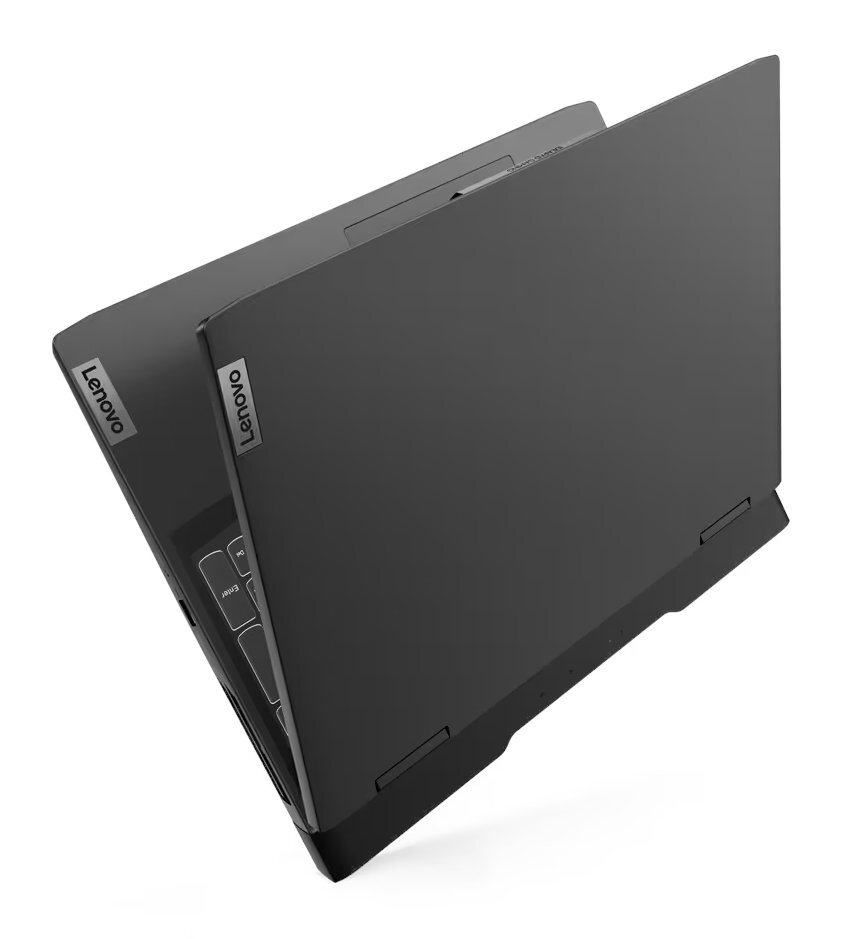 Dwa czarne laptopy Lenovo, jeden częściowo otwarty, na białej powierzchni.