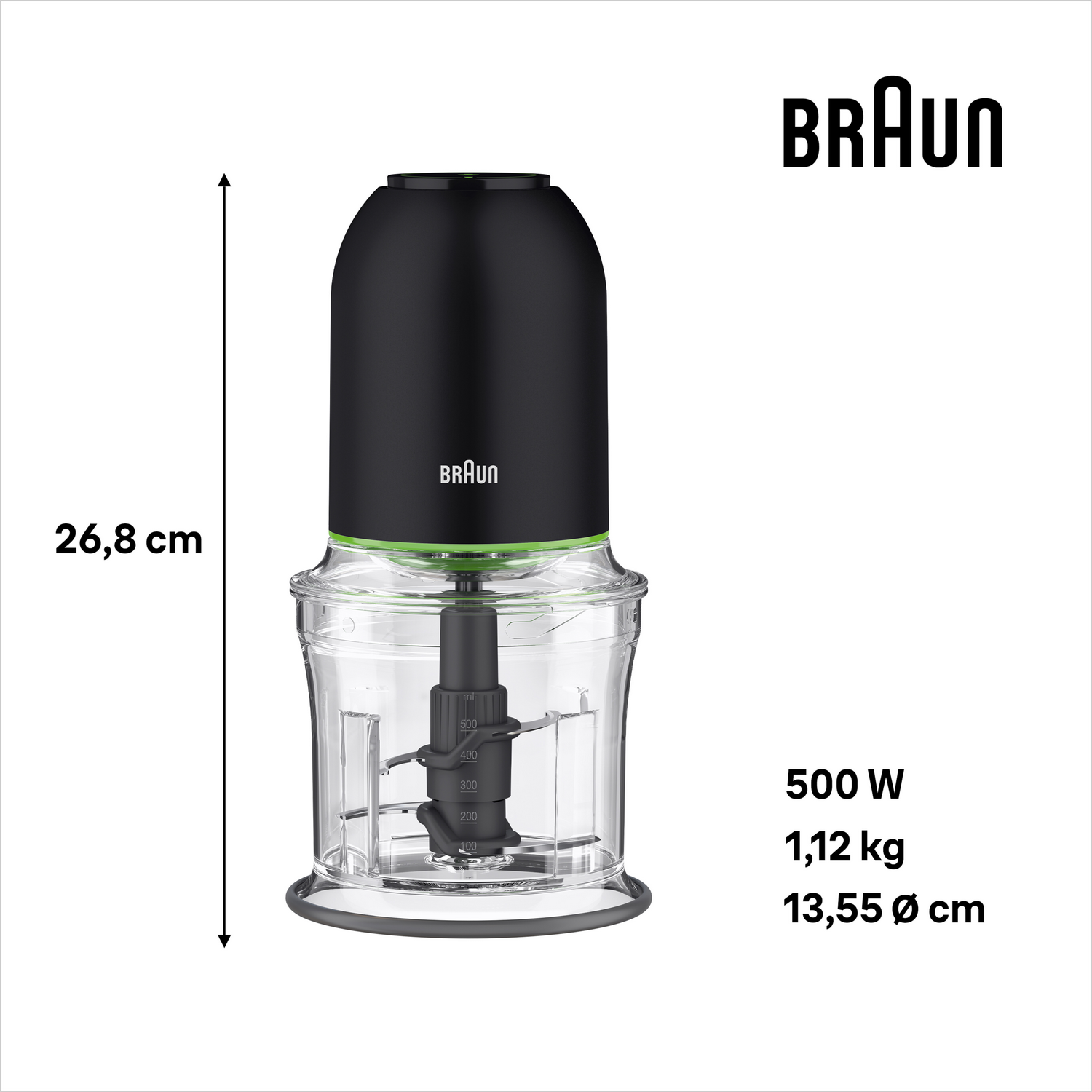 Procesador de alimentos negro y transparente con logo Braun y especificaciones, fondo blanco.