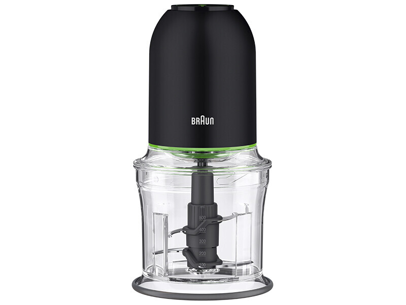 Procesador de alimentos Braun, parte superior negra, recipiente transparente con medidas. Ribete verde.