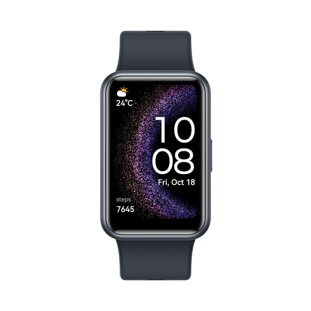 Ciemnoszary smartwatch z kolorowym wyświetlaczem pokazuje datę, godzinę i kroki.