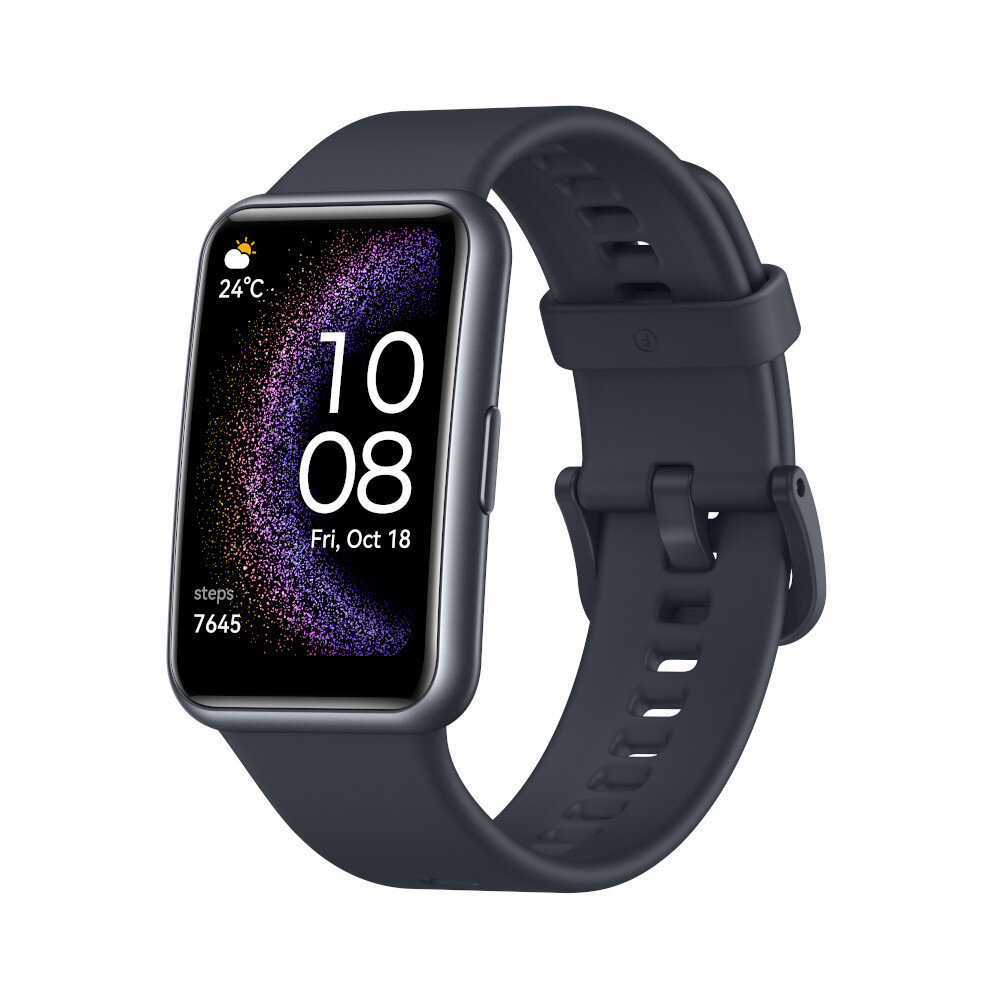 Smartwatch z ciemnoniebieskim paskiem. Wyświetla godzinę, datę i kroki. Czarny ekran.