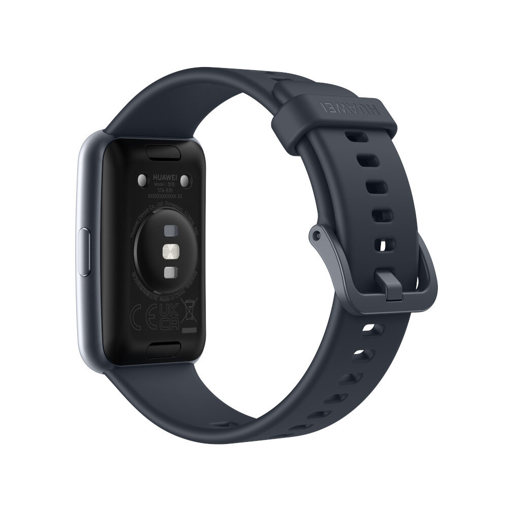 Czarny tracker fitness Huawei. Opaska jest połączona. Tył pokazuje czujnik.