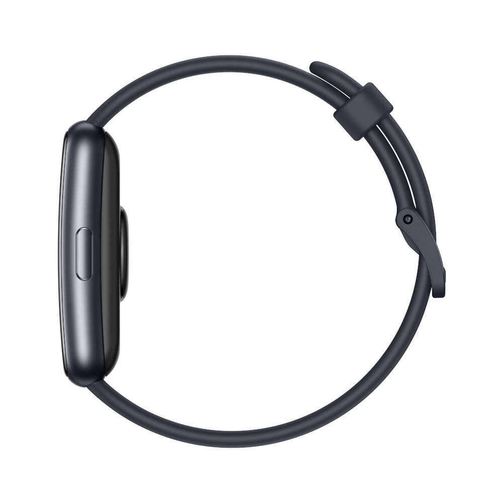Czarny smartwatch z ciemnym paskiem, widok z boku, pokazujący ekran i przycisk.