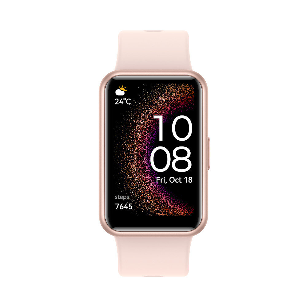 Różowy smartwatch wyświetla godzinę, datę, kroki i temperaturę.