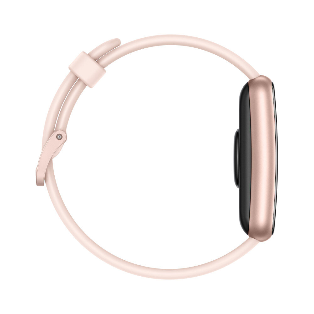 Zegarek smartwatch w kolorze różowego złota, widok z boku. Różowy pasek, czarny ekran. Prosty design, elegancki wygląd.