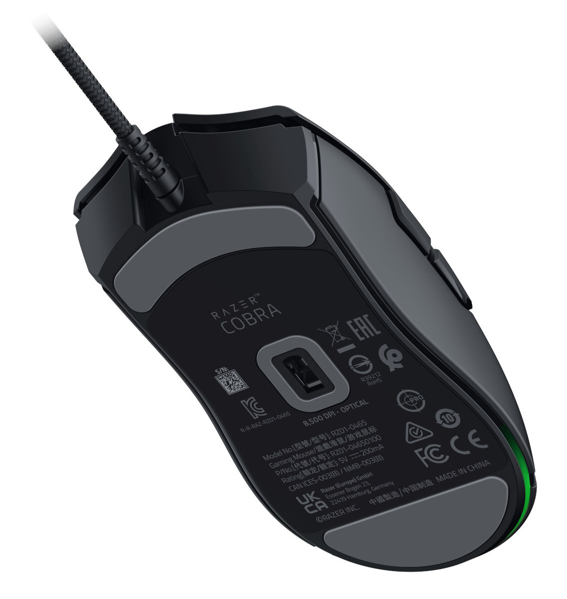 Mysz gamingowa Razer Cobra, czarna, widok z boku, z kablem.