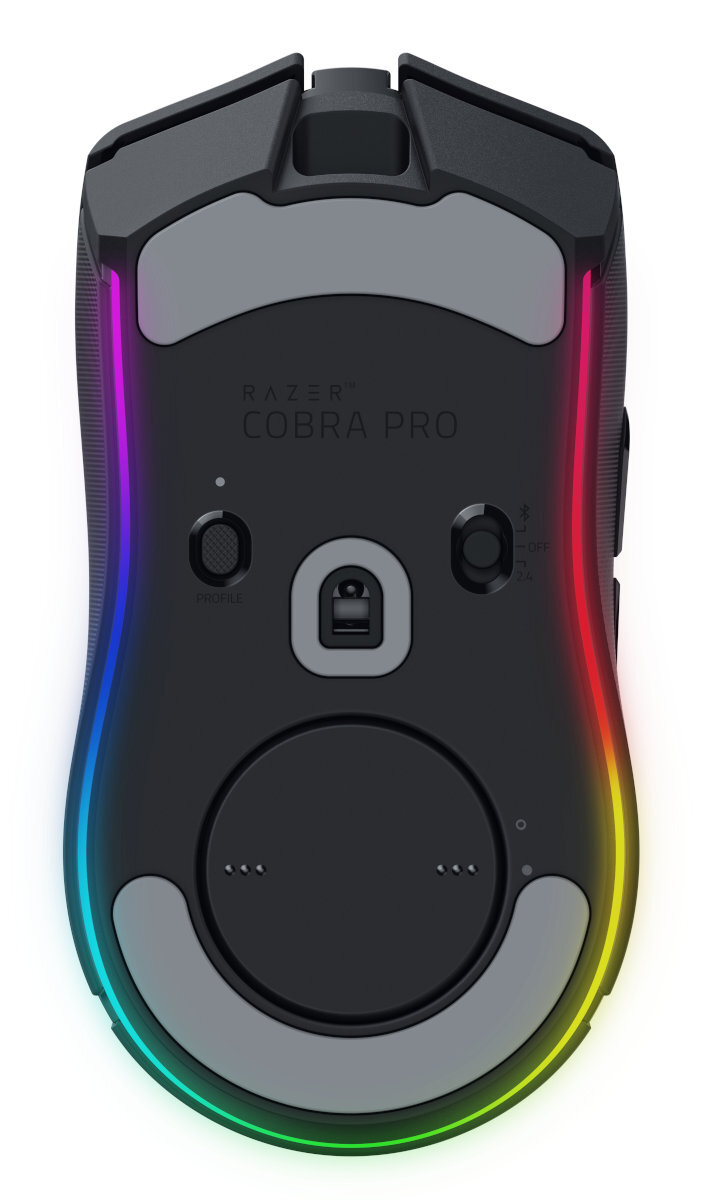 Widok z góry na czarną mysz do gier Razer Cobra Pro z oświetleniem RGB i przyciskami.