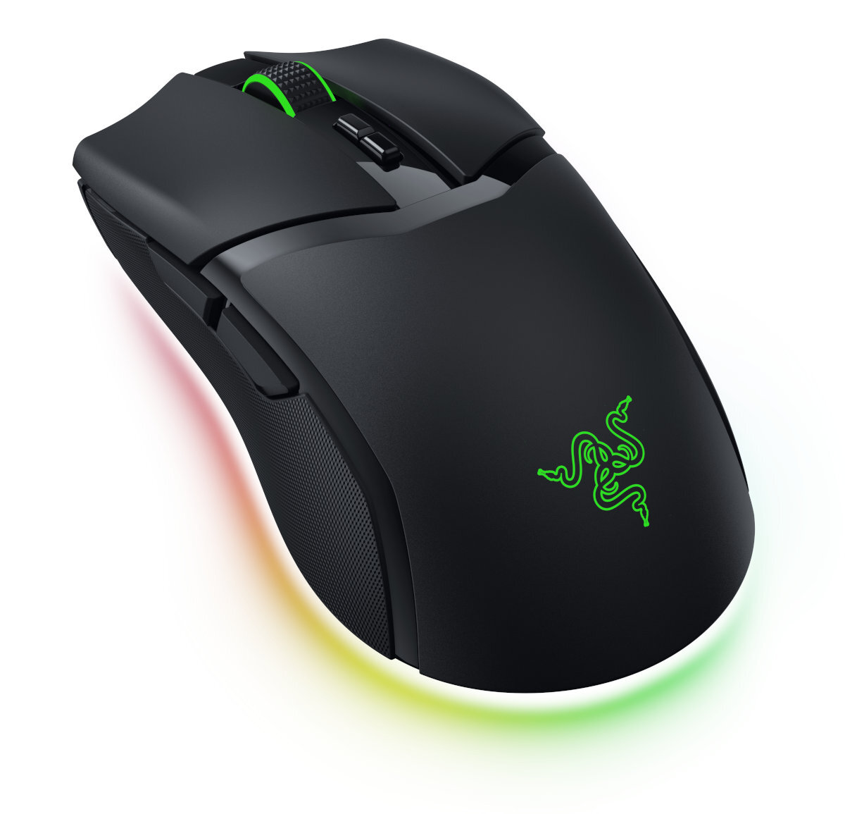 Czarna mysz do gier z zielonymi akcentami i świecącym na zielono logo na białym tle.
