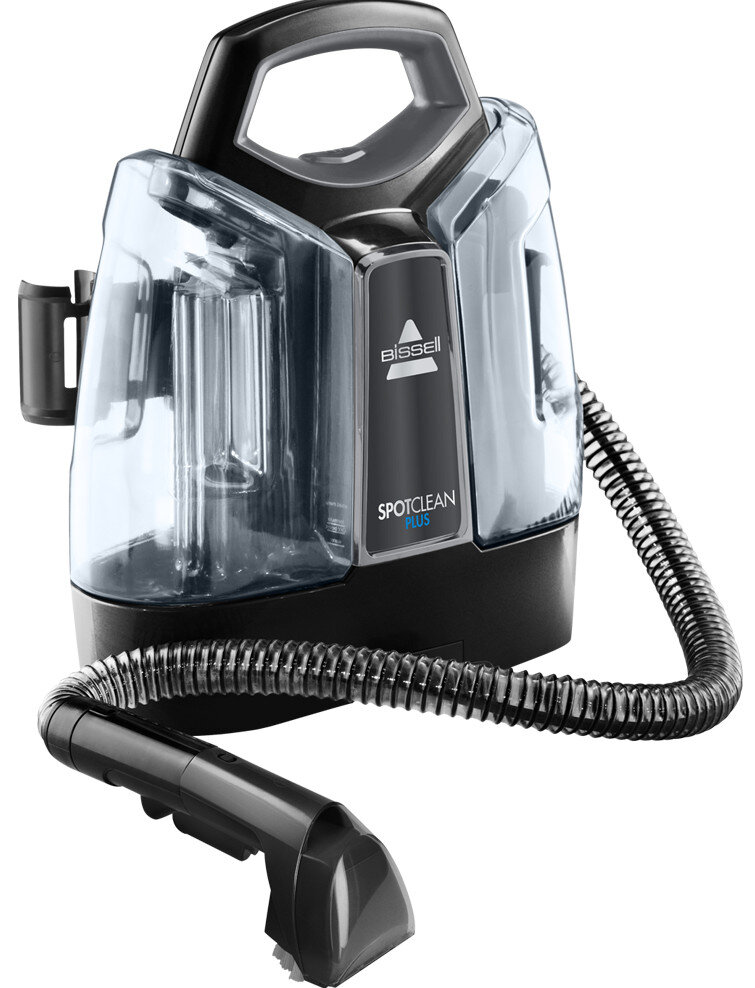 Czarny i szary odkurzacz do dywanów Bissell SpotClean Plus z wężem i dyszą.