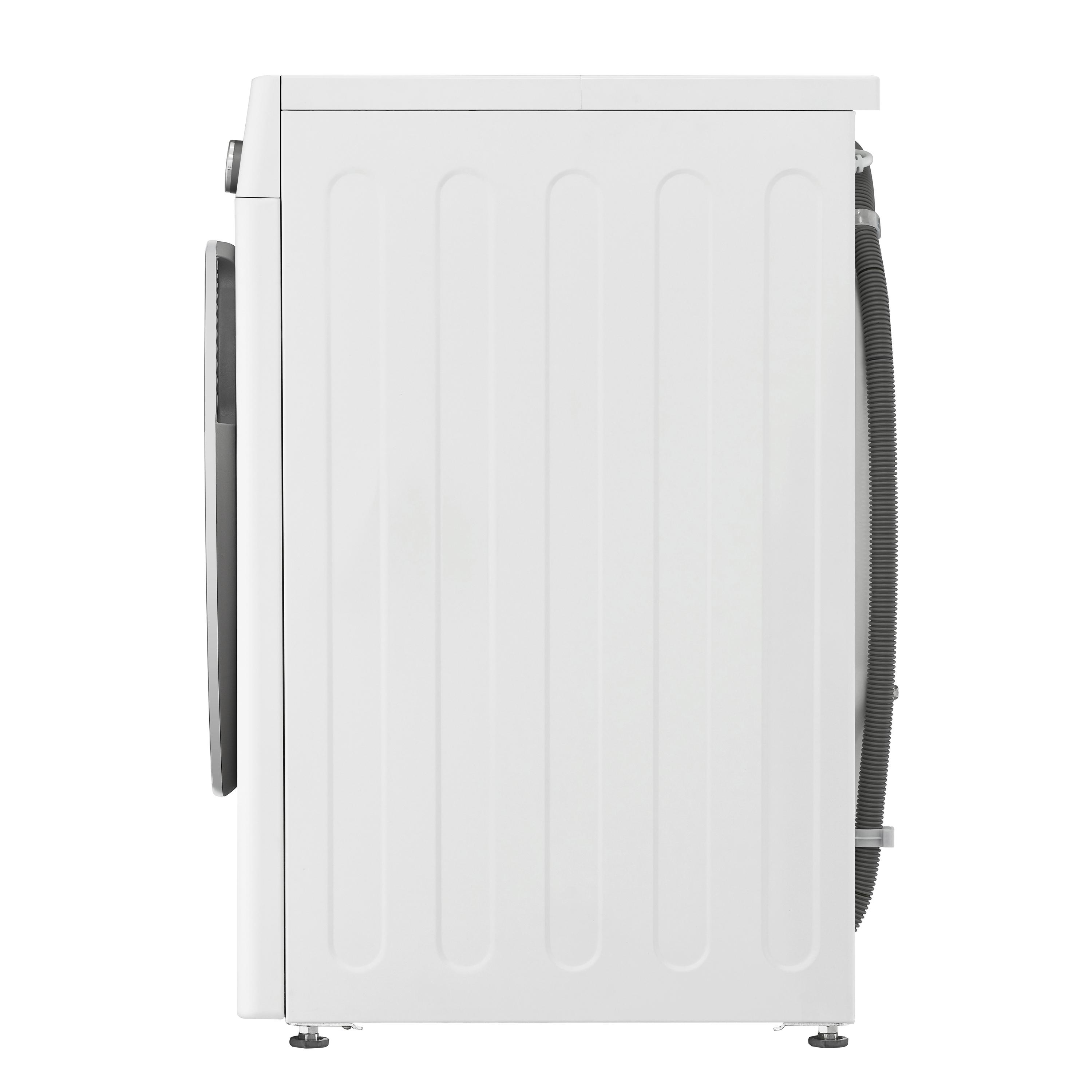 Weiße LG Waschmaschine Seitenansicht. Weiße Paneele mit vertikalen Rippen, Schlauch, Bedienfeld.