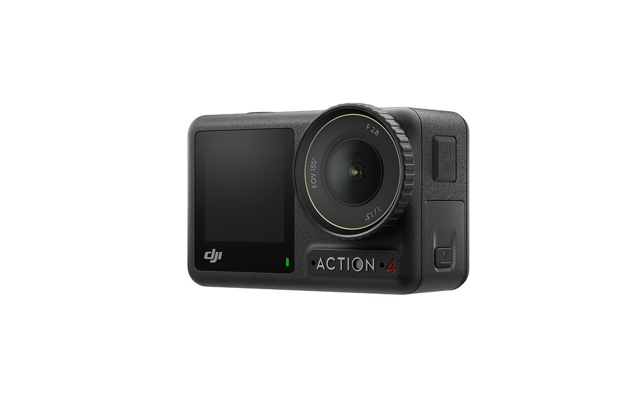 Schwarze Action-Kamera mit Objektiv, Bildschirm und Knöpfen. Isoliert, weißer Hintergrund. Text 'ACTION 4'.