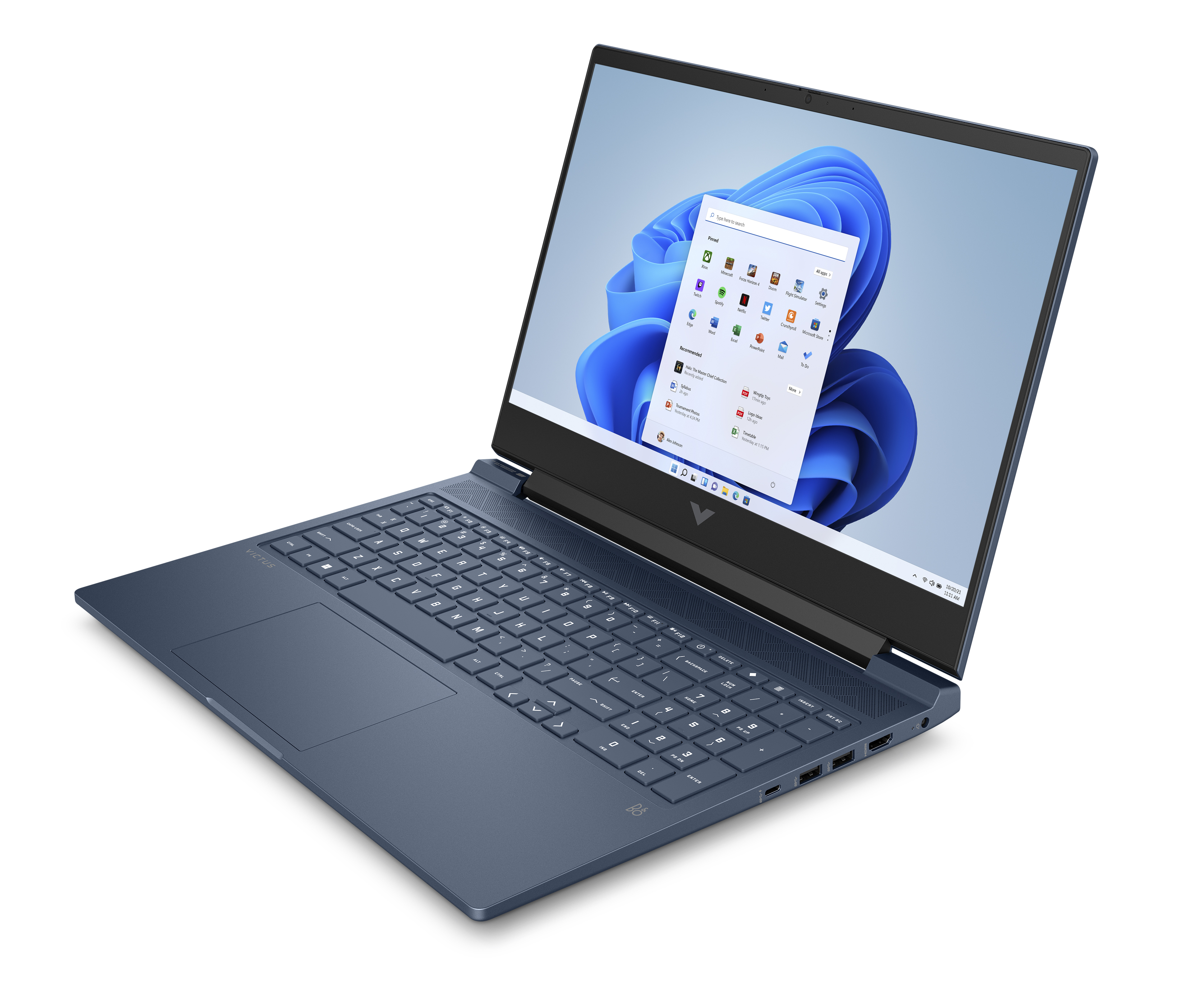 Portátil azul con pantalla abierta mostrando una interfaz de Windows, colocado sobre una superficie blanca.